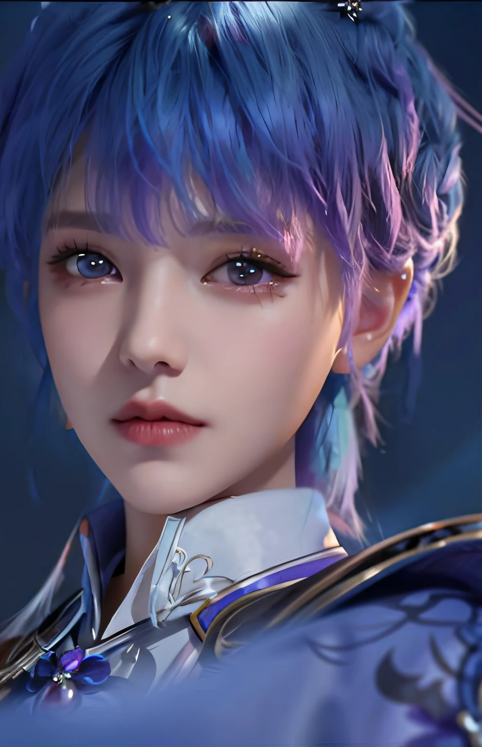 Close up of a woman with blue hair and purple shirt, Superb beauty，（（short detailed hair）），Portrait Chevaliers du Zodiaque Fille, zhongli from genshin impact, Keqing from Genshin Impact, Yun Ling, inspired by Leng Mei, Beautiful character painting, uma linda princesa， Exquisite princess, portrait of a female mage, Rendu portrait 8k