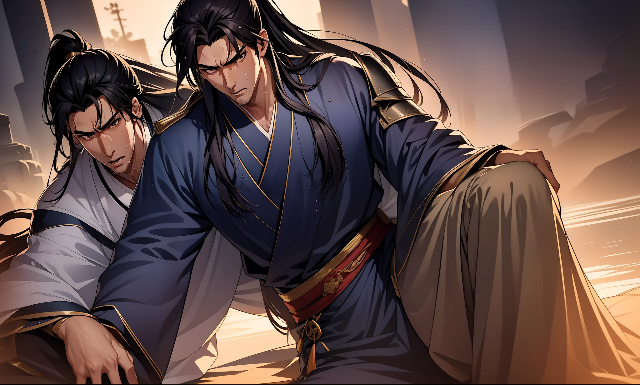 Two-dimensional, anime style, man (male warrior), muscle, correct proportions, face details, martial arts, high ponytail hairstyle, sweating, sweaty face, drooling, neck details, with Adam's apple, wet, wet, Hanfu costume, long robe, embroidered robe, dragon robe, clothing details, collar, long sleeves, game quality, swordsman demeanor, light and shadow tracing, ray tracing, detail glow, CG rendering, hair details, long black hair, golden eyes, sweaty face, handsome, handsome, sweat beads slipping down the neck, (juvenile feeling), complex clothing, wet, wet, perfect composition, refinement, high quality, more details, a lot of details, complex background, atmosphere,