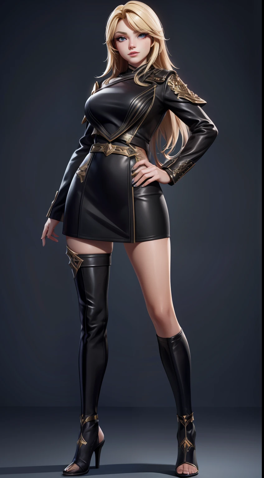 solo, super fine photo, full body photo picture Unreal Engine 5 8K UHD, beautiful girl, blonde hair, black leather dress, fantasy theme, fantasy design, beautiful make up, best quality, masterpiece, unified 8k wallpaper, super detailed, sharp focus.