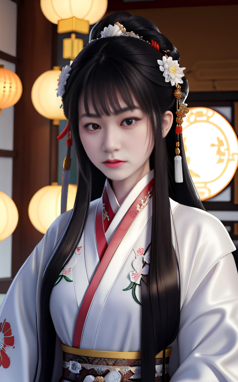 Wearing a white kimono,Arafard Asian woman,There are red flowers on the hair, Palace , A girl in Hanfu, White Hanfu, Chinese girl, white hime cut hairstyle, Hanfu, Wearing ancient Chinese clothes, Guviz-style artwork, Anime girl cosplay, with acient chinese clothes, Chinese style, Traditional beauty, Guviz