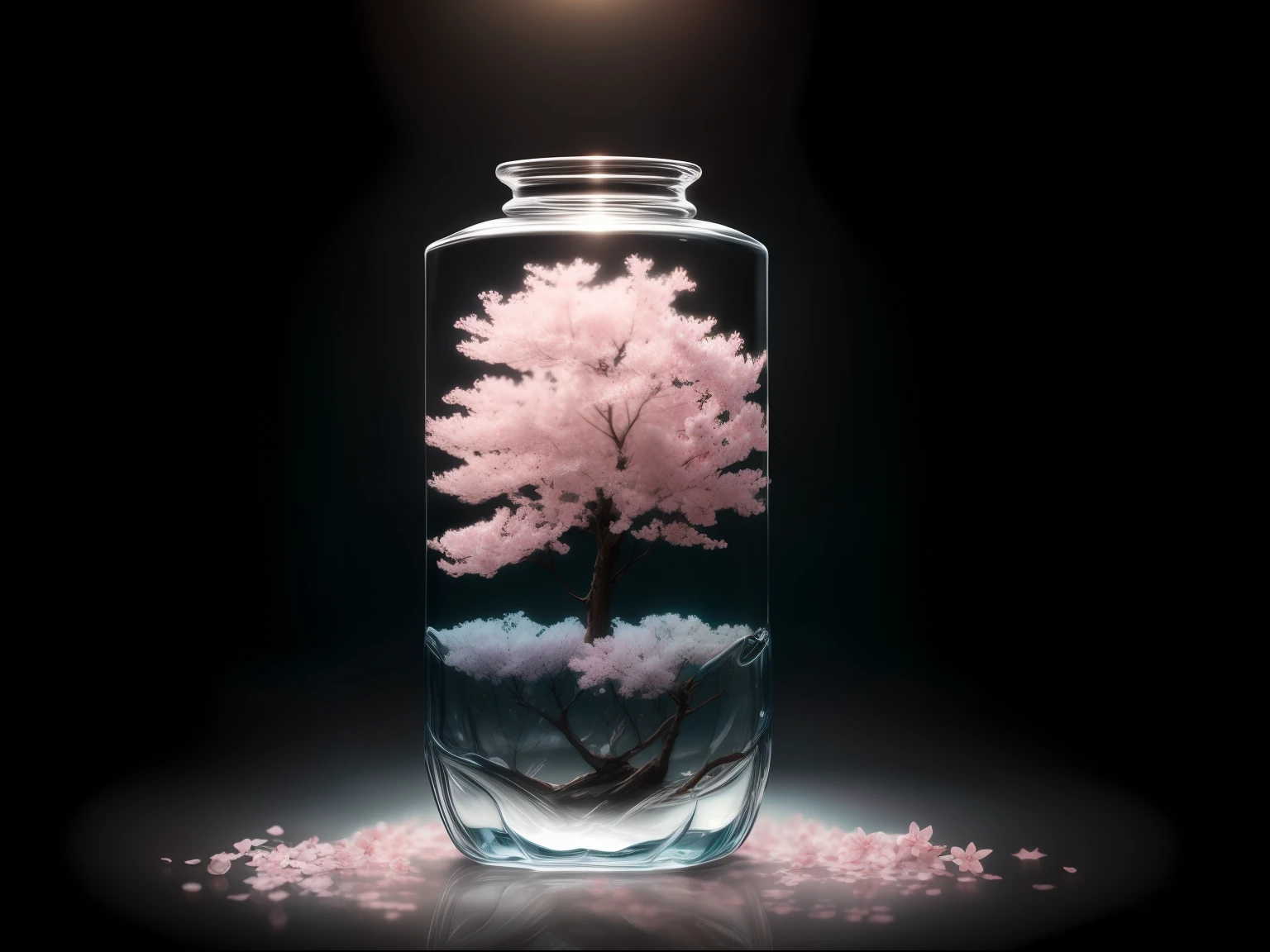 sakura tree in a bottle, fluffy, realistic, atmospheric light refraction, by lee jeffries nikon d850 film stock photograph 4 kodak portra 400 camera f1.6 lens rich colors hyper realistic lifelike texture dramatic lighting unreal engine trending on artstation cinestill 800, Style-Glass