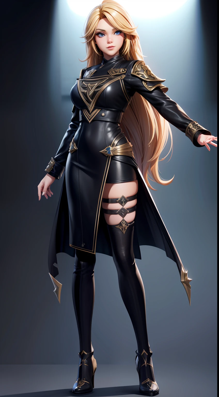 solo, super fine photo, full body photo picture Unreal Engine 5 8K UHD, beautiful girl, blonde hair, black leather dress, fantasy theme, fantasy design, beautiful make up, best quality, masterpiece, unified 8k wallpaper, super detailed, sharp focus.