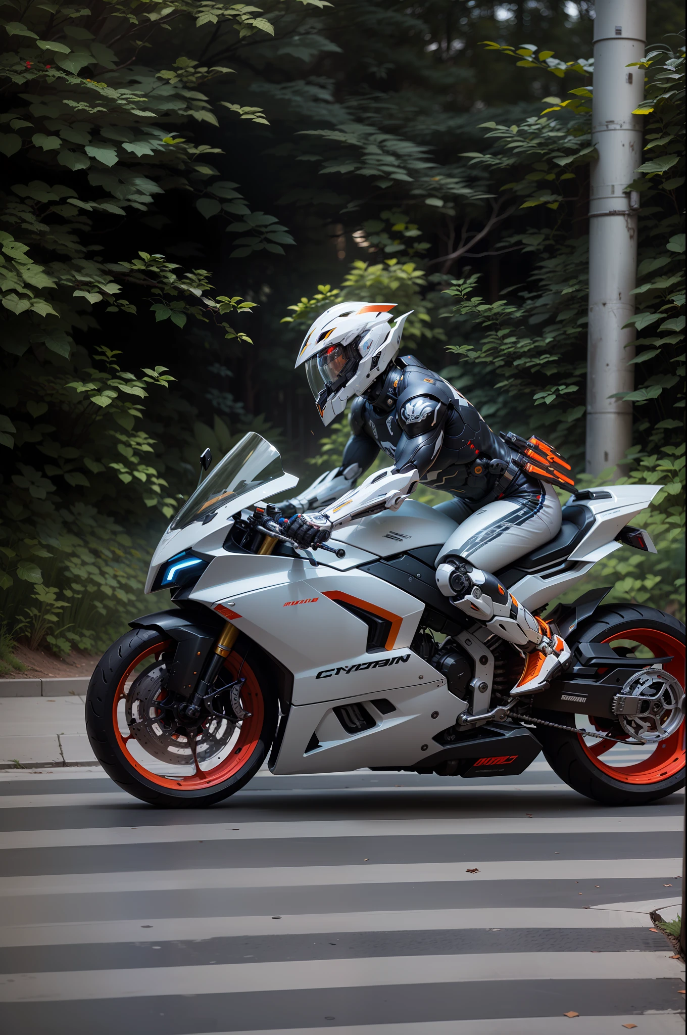 Strong and handsome full body mecha cyber handsome warrior, white cyber mechanical motorcycle, high-tech black high-tech helmet, Nousr, biomechanics, MSHN robot man, high-tech helmet, surreal, steel, intricate design, crazy details, fine details, extremely clear lines, cinematic lighting, photo realistic, detailed masterpiece