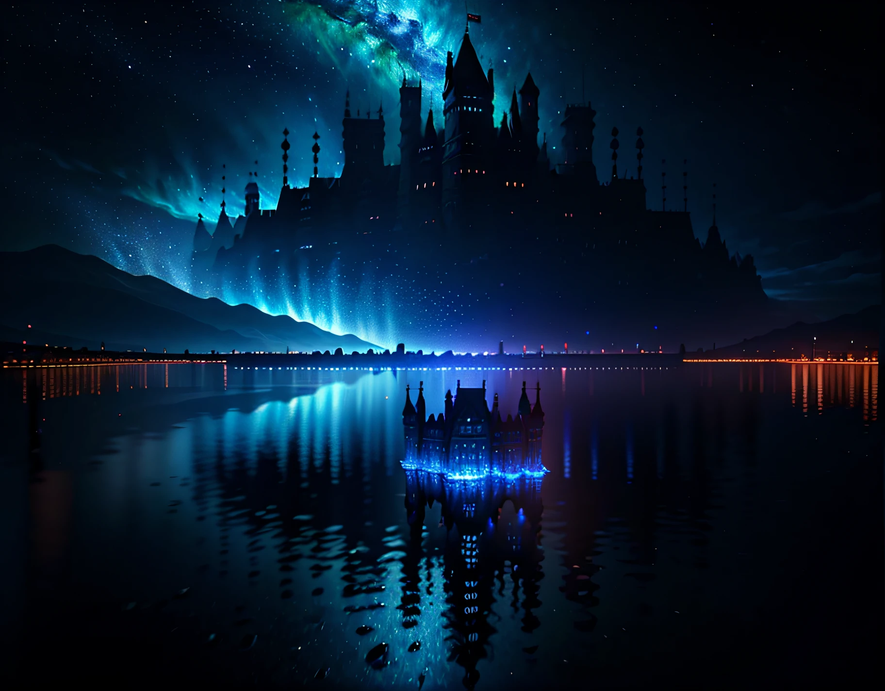 ((illustration, ultra hd, ultra detailed, 16k wallpaper, cinematic lighting, best quality, best lighting, unity 3D, extremely detailed, epic , 8k, reflected light, ray tracing, bold dark colors, cool contrast)), long castle, city medieval, landscape beautiful, flat land, clouds, clear sky,