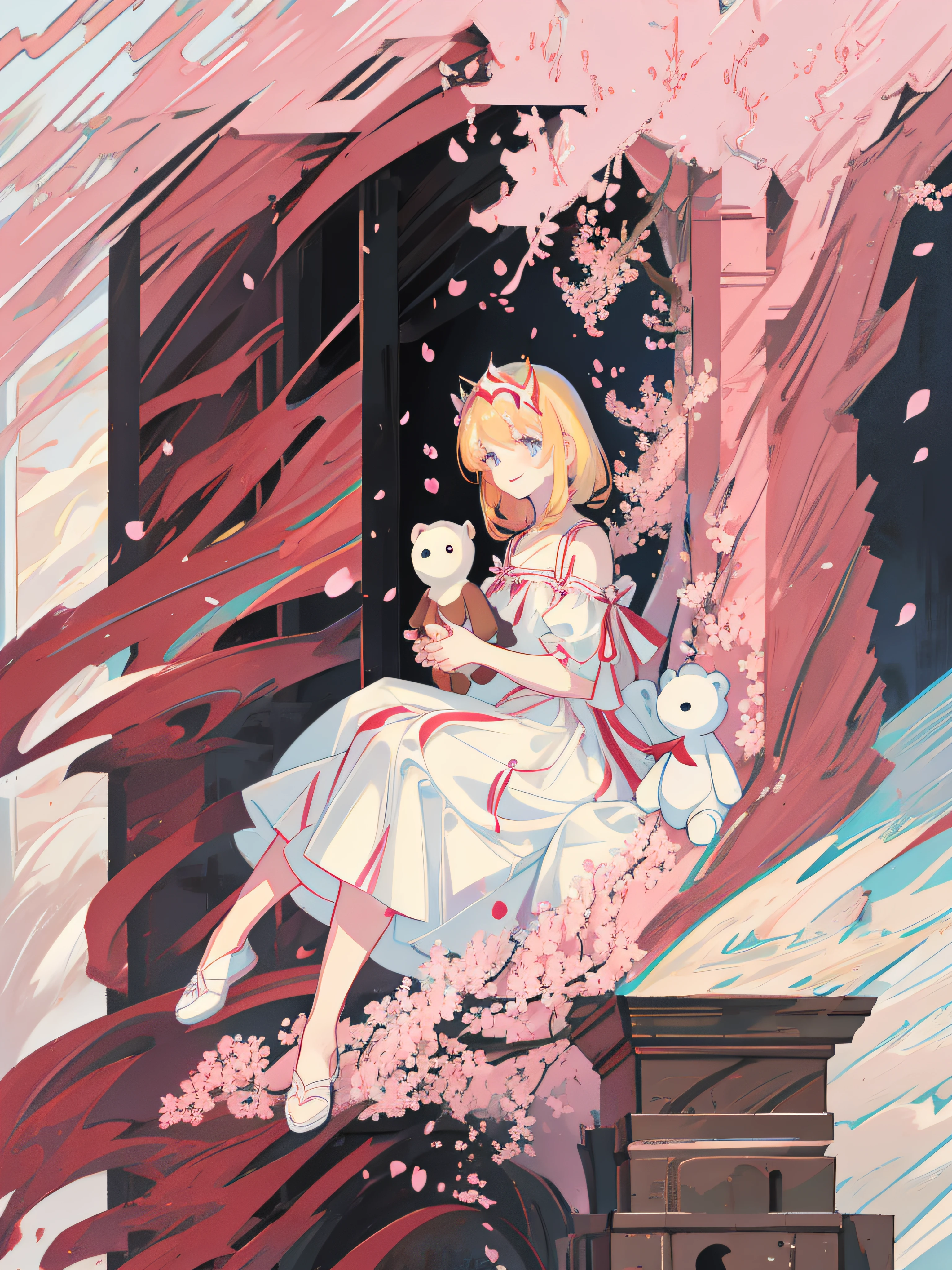 Shoulder-length hair, Animation Style 4K, Burning Hell, Scattering cherry blossoms, Puddle, City Buildings, Girl sitting on the railing, A bright smile, Holding a small teddy bear, White dress