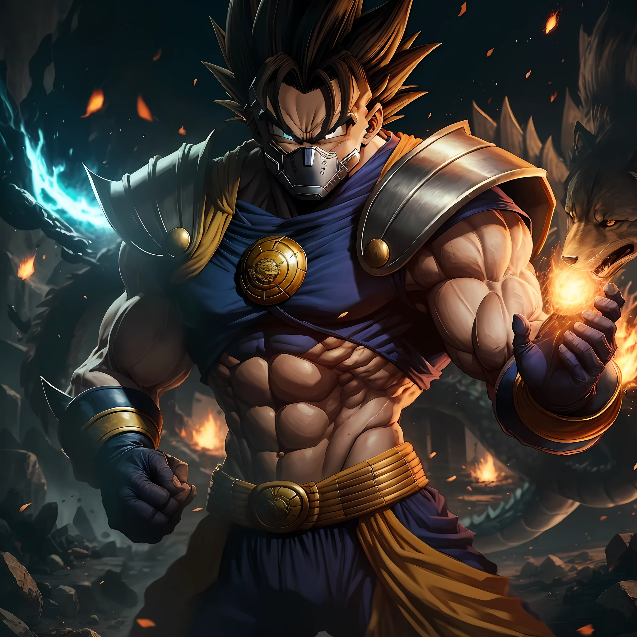 Homem, sayiajin, dragon ball, armadura com inagem de lobo, graves, forte --auto