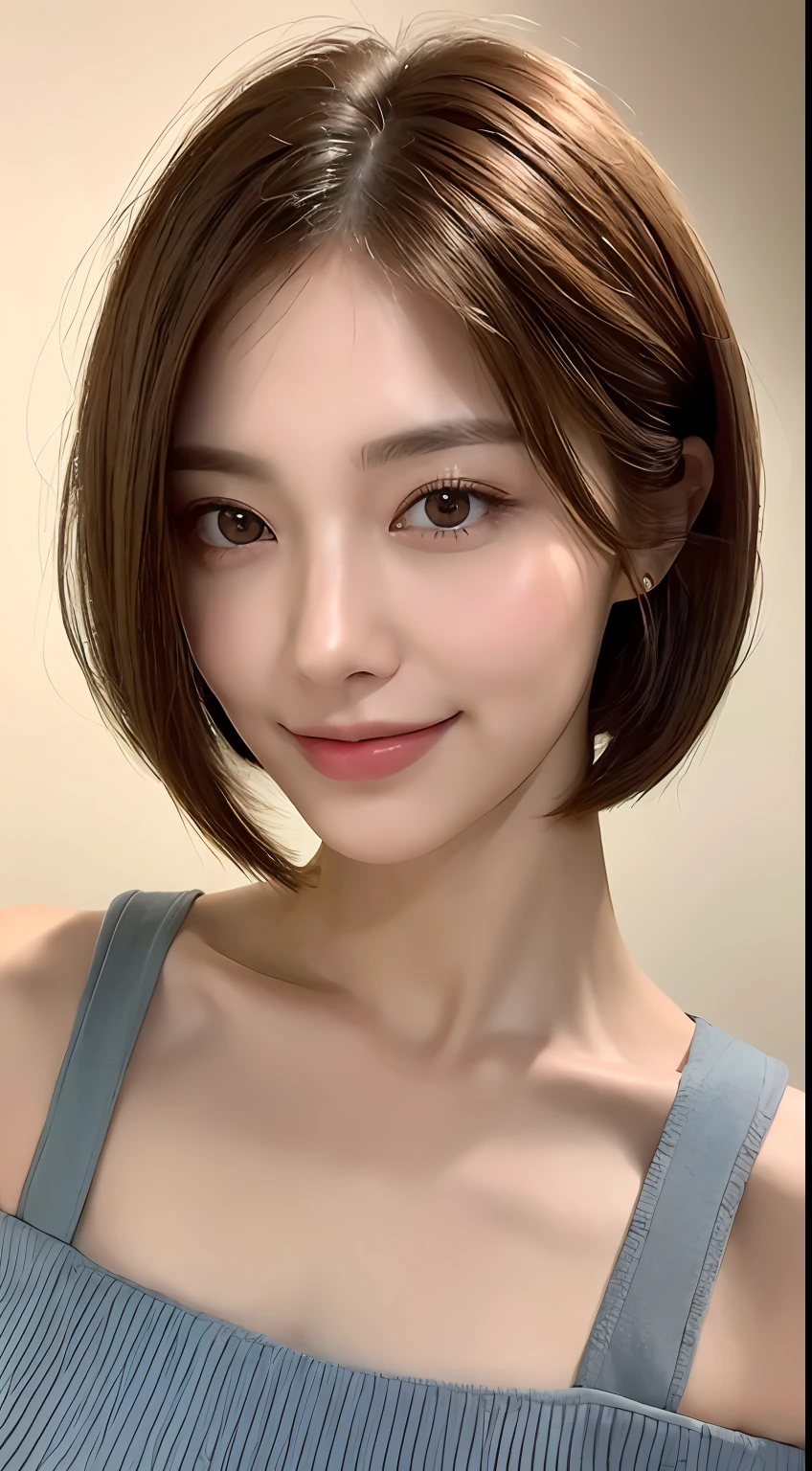 ((Best Quality, 8K, Masterpiece: 1.3)), 1 Girl, Slim Abs Beauty: 1.3, (Hairstyle Brown Hair Shortcut, Big: 1.2), Dress: 1.1, Super Slender Face, Delicate Eyes, Double Eyelids, Smile, Home, Raw Photo