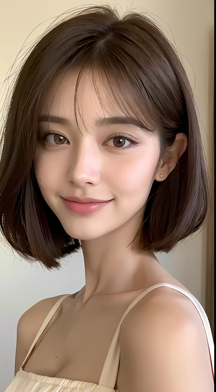 ((Best Quality, 8K, Masterpiece: 1.3)), 1 Girl, Slim Abs Beauty: 1.3, (Hairstyle Brown Hair Shortcut, Big: 1.2), Dress: 1.1, Super Slender Face, Delicate Eyes, Double Eyelids, Smile, Home, Raw Photo