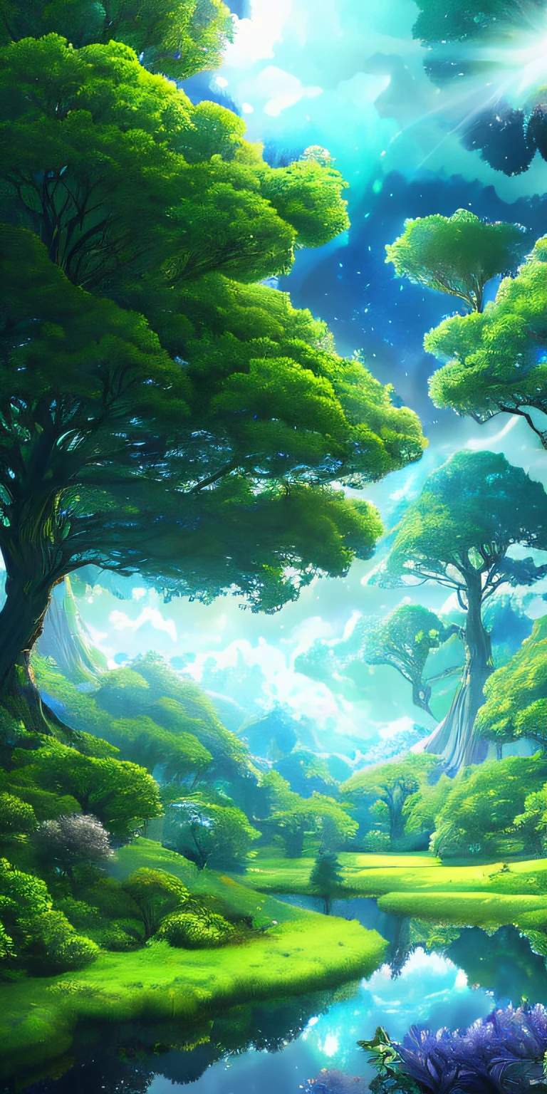 Illustration of a surreal, otherworldly, hyper sky scene including a giant crystal tree full body, highly detailed and magical lighting, intricate forest details, vegetation and surrounding river, solar punk, landscape, giant tree , beautiful green leaves, beautiful lighting and realistic proportions, as if this is a movie background, 8k, highest quality, masterpiece, clouds and stars in the sky.