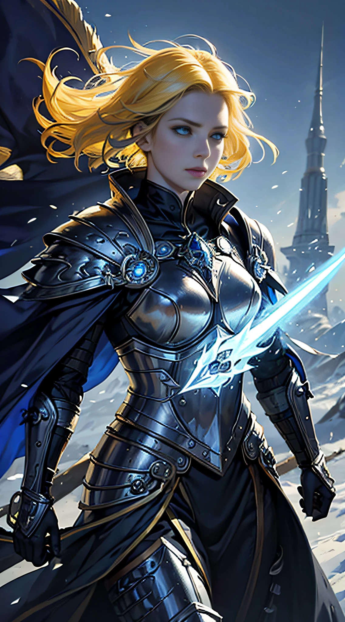 official art, unity 8k wallpaper, ultra detailed, masterpiece, best quality, 1 woman, (extremely detailed), dynamic angle, Mysterious expression, wind effect, fantasy background, rim lighting, side lighting, cinematic light, ultra high res, 8k uhd, film grain,best shadow, delicate, RAW, light particles, detailed skin texture, detailed armor texture, detailed face, intricate details, ultra detailed, bright, strong, (silver armor), holding spear, pauldrons, ((yellow hair)), glowing blue eyes, bangs, blue cape, fantasy, (realistic), atmospheric,