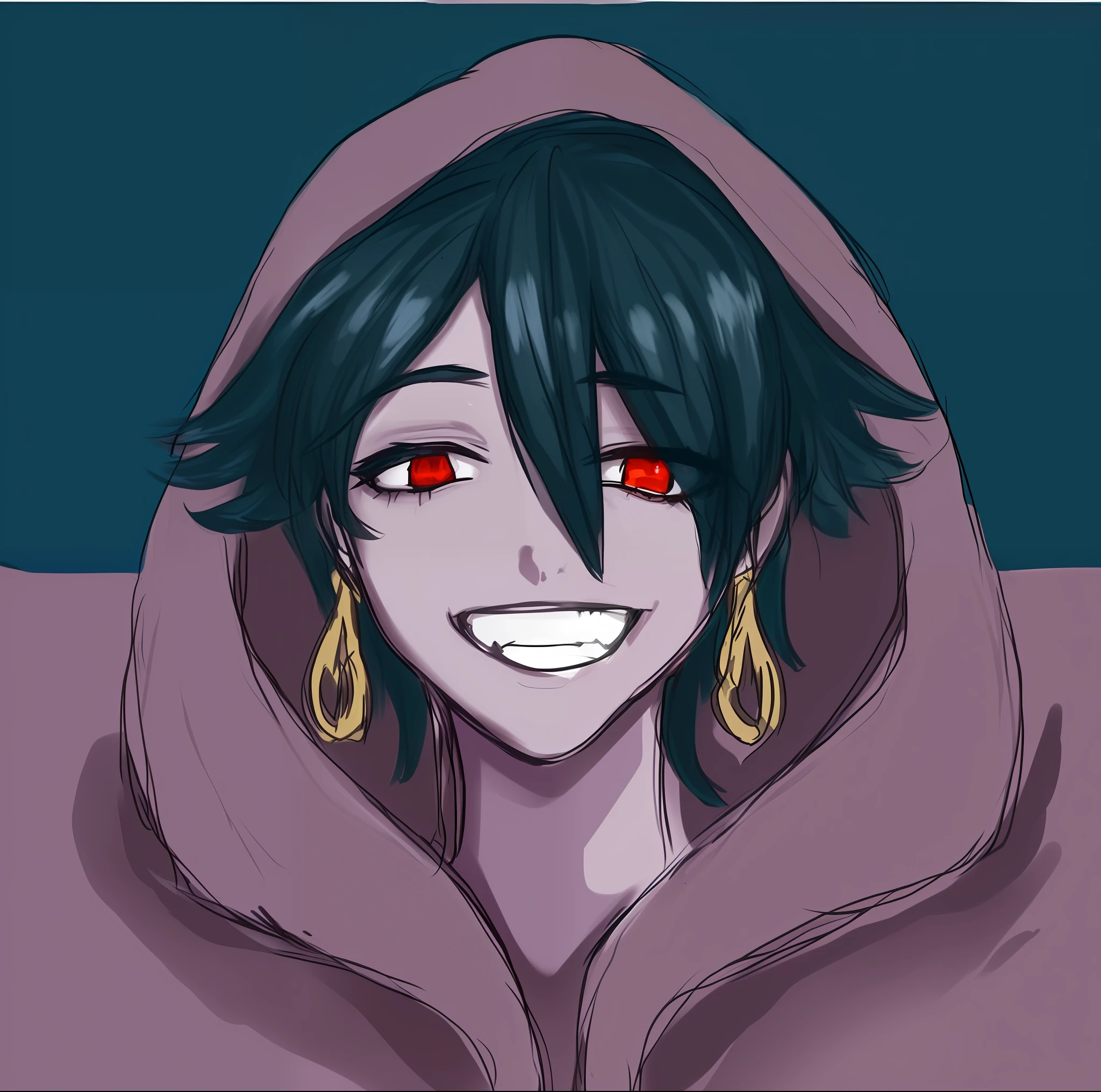um desenho de uma menina com cabelo azul e olhos vermelhos, [[[[sorrindo malvado]]]], sorrindo lascivamente, large eyes and menacing smile, Gapmoe Yander, Gapmoe Yandere Grimdark, 2 d estilo anime, Coringa se parece com Naruto, Retrato Gapmoe Yandere Grimdark, sorriso maligno e olhos brilhantes --auto