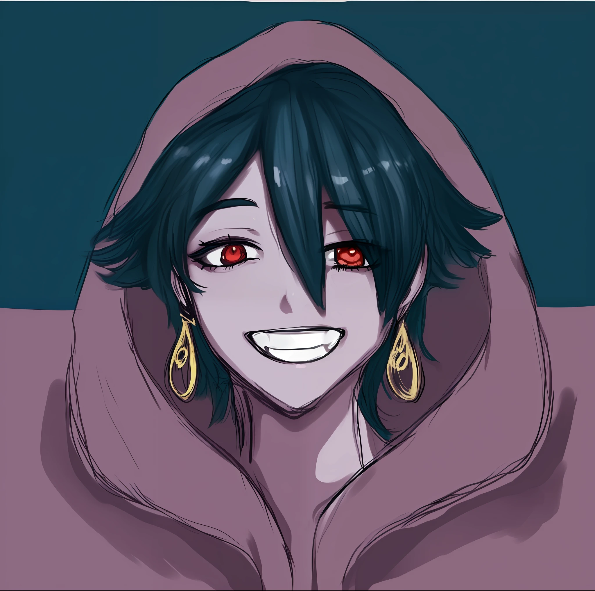 um desenho de uma  com cabelo azul e olhos vermelhos, [[[[sorrindo malvado]]]], sorrindo lascivamente, large eyes and menacing smile, Gapmoe Yander, Gapmoe Yandere Grimdark, 2 d estilo anime, Coringa se parece com Naruto, Retrato Gapmoe Yandere Grimdark, sorriso maligno e olhos brilhantes --auto