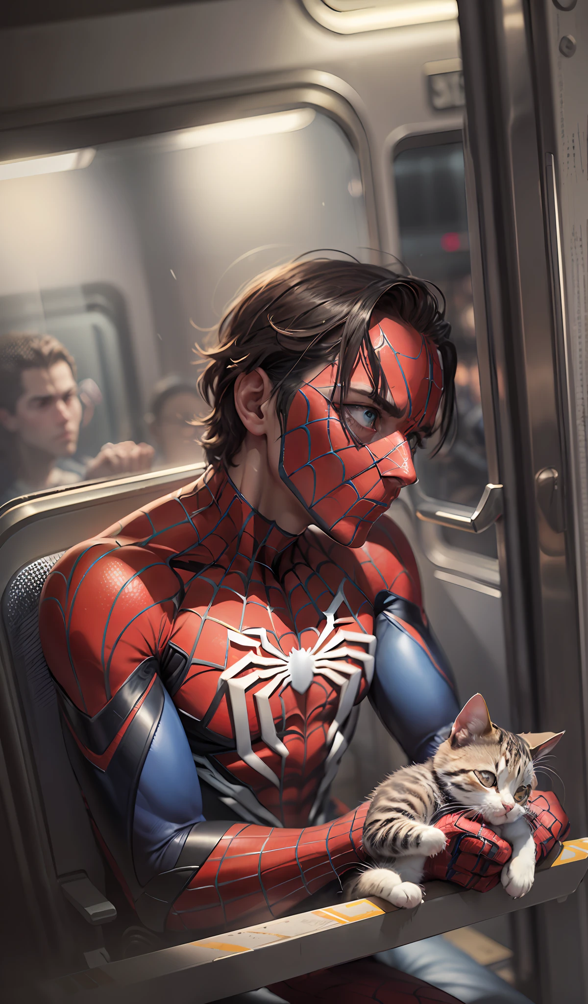 “（（best qualtiy））， （（tmasterpiece））， （（Realistis））， realisticlying、Ultra-detailed portrait of Spider-Man sitting alone on train at night，In a cinematic environment，With atmosphere、Low-key lighting，In HD、Detailed digital paintings created at eye level， scenecy， tmasterpiece，There is a kitten on the shoulder