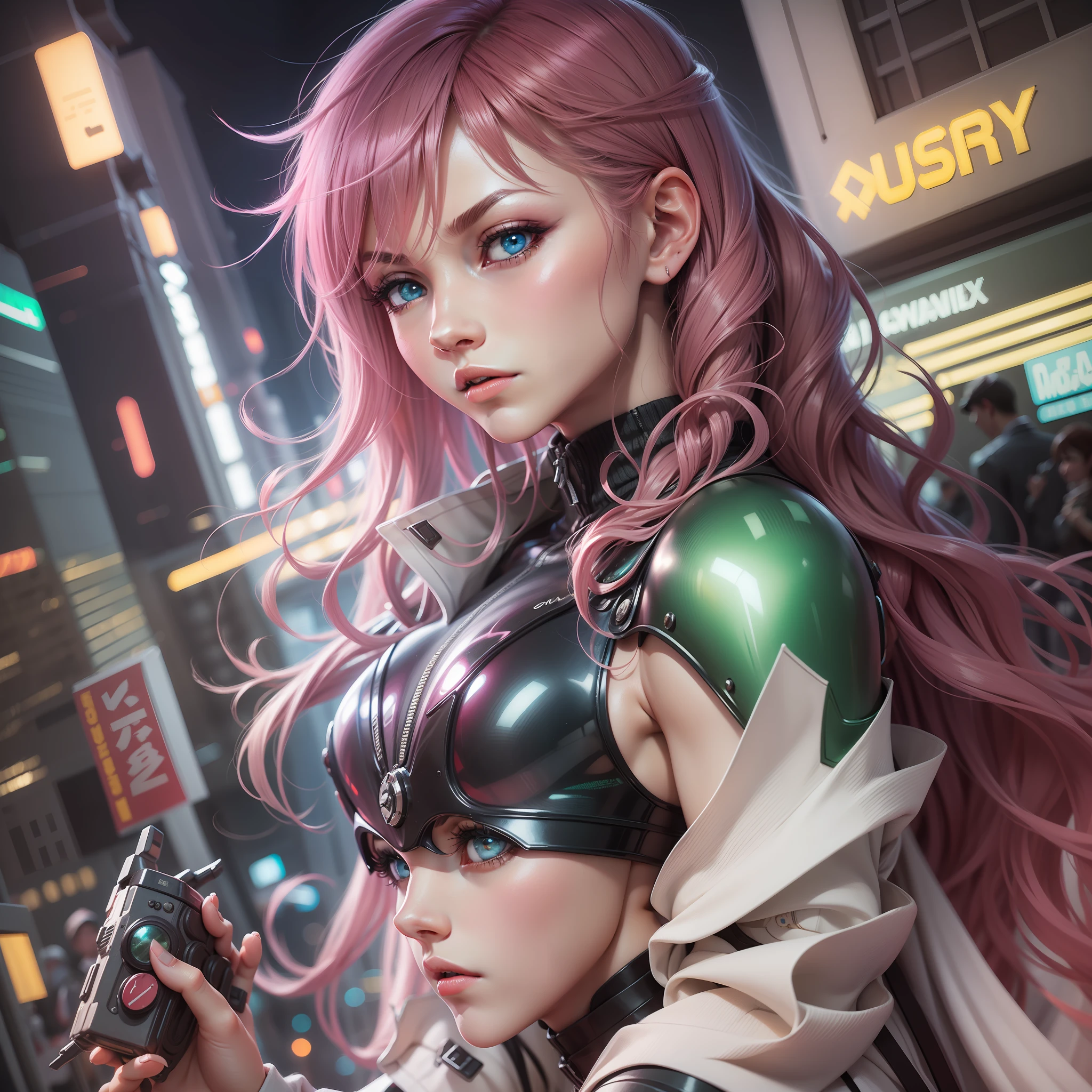 Seductive and charming anime women, The seduction of captivating anime, Surreal depiction of a schoolgirl in anime format. She stands on top of a skyscraper, Overlook the neon-lit futuristic cityscape. The city below is bustling with energy, Match her vibrant personality. Her eyes twinkle with a mixture of confidence and mischief, Draw you into her world. photographed:mario testino, Uses Fujifilm GFX 100S and 35mm lens, Lighting is a combination of cinematic lighting and brightly colored gels, Create dynamic and visually appealing images. --V 5 --Q 2