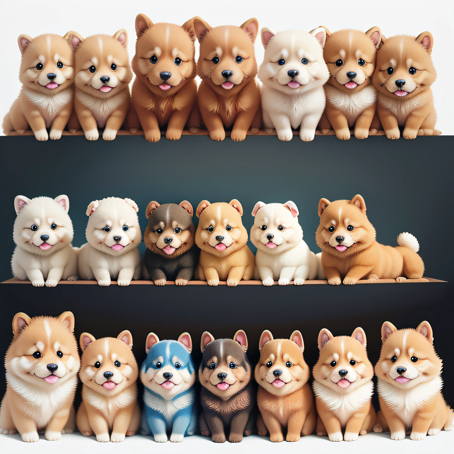 Golden Retriever Puppies、Toy Poodle Puppy、Shiba Inu puppy、Pomeranian puppy、Corgi puppies、Yorkshire Terrier Puppies、Seated puppy、Puppies sitting side by side、kawaii、Colorful puppies、White background、No background、Only puppies、Cartoon tics、illustratio、Doraemon --auto