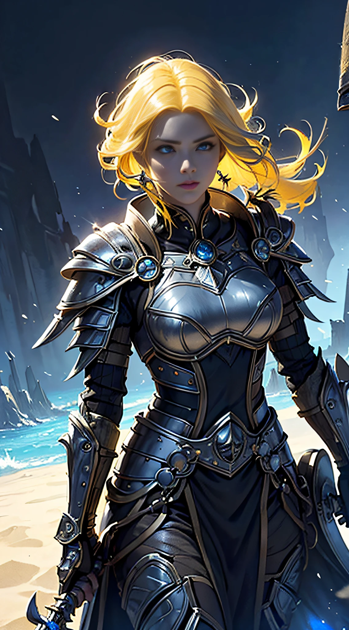 official art, unity 8k wallpaper, ultra detailed, masterpiece, best quality, 1 woman, (extremely detailed), dynamic angle, Mysterious expression, wind effect, fantasy background, rim lighting, side lighting, cinematic light, ultra high res, 8k uhd, film grain,best shadow, delicate, RAW, light particles, detailed skin texture, detailed armor texture, detailed face, intricate details, ultra detailed, bright, strong, (silver armor), holding spear, pauldrons, ((yellow hair)), glowing blue eyes, bangs, blue cape, fantasy, (realistic), atmospheric,
