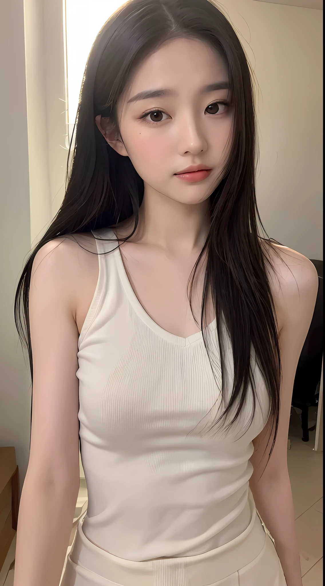 ((Best quality, 8k, Masterpiece :1.3)), Sharp focus :1.2, perfect figure beautiful woman:1.4, Slim abs:1.2, ((Layered Hair Style:1.2)), (Tank top shirt:1.1 ), (城市:1.2), Highly detailed facial and skin texture, A detailed eye, 二重まぶた