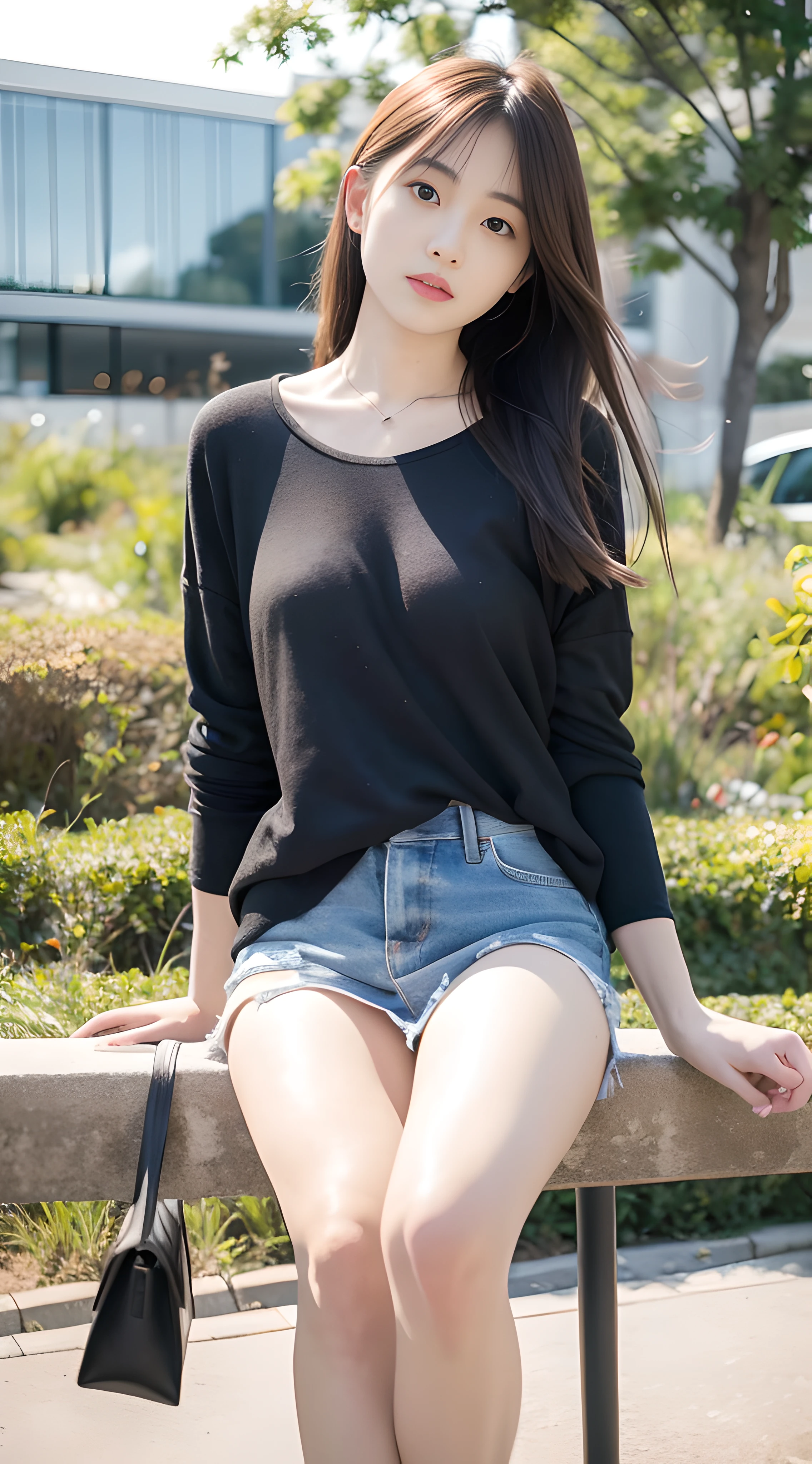 mix4, 20 days, Solo, Long_Hair, Nanase Nishino,plumw, Haruka Kaki, park, bench, Seated, (8K, RAW photography, Best quality, Masterpiece:1.2), (Realistic, Photorealistic: 1.37), Professional lighting, photon maping, Radio City, physically-based renderingt