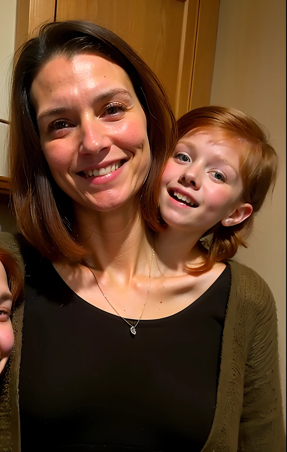 2heads, two headed girl, mom and daughter, (one torso:1.5), (female:1.5), (redhead:1.4), (ager:1.4), (caucasian:1.5), (two heads on one body:1.4), conjoined twins, heads side by side, one torso, young, uncomfortable, barefoot