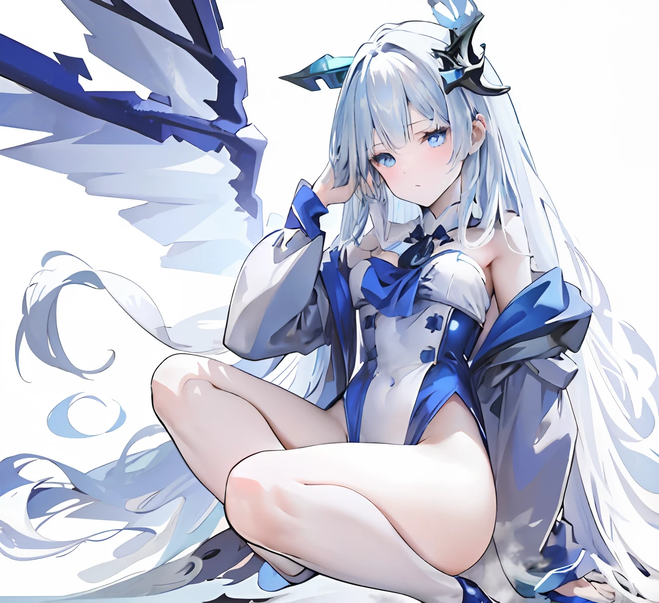 long  white hair，blue color eyes，Snowflakes and glaciers，Blue and white clothes，High quality hands，Official image quality，Dragon girl，Dark blue wings，Bare legs，Expose shoulders and chest，Full body like，ultraclear，Large-breasted and dark blue dragon antennae