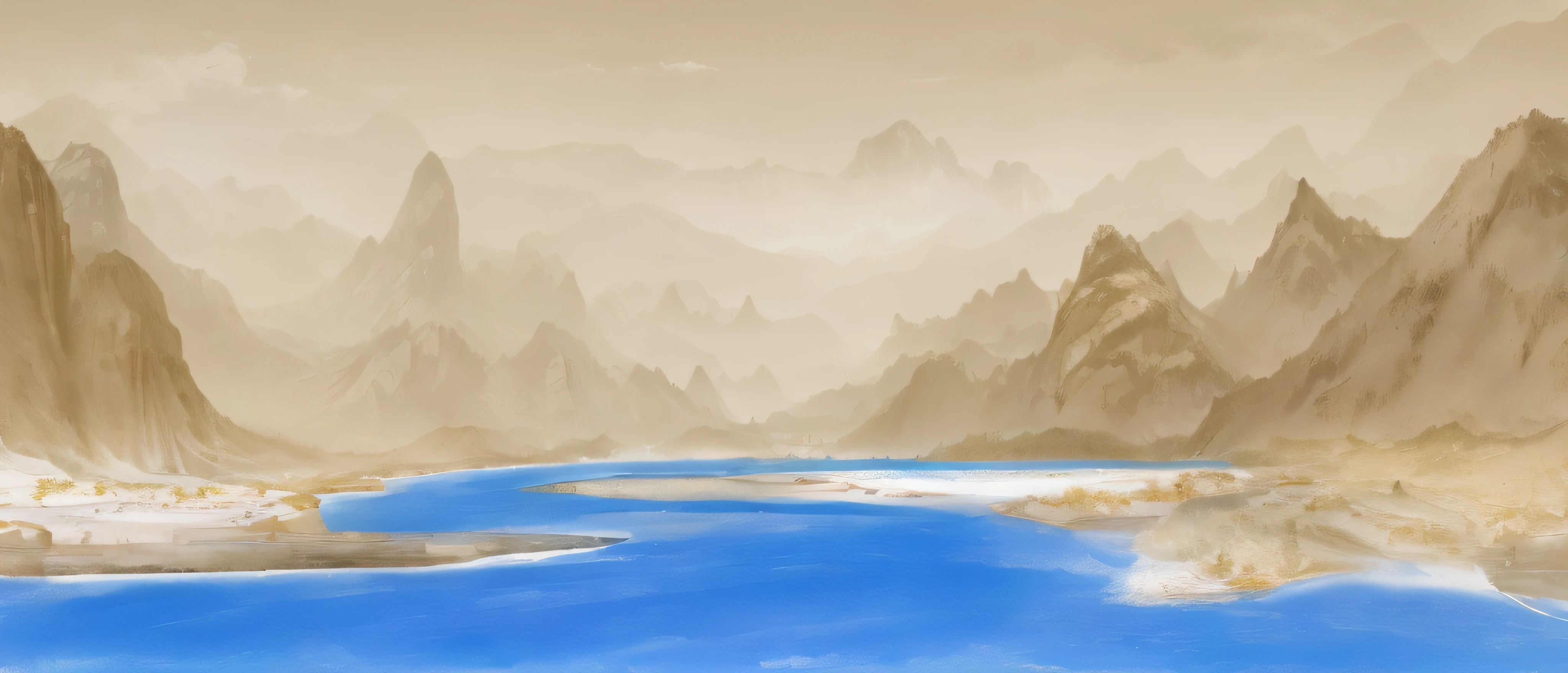The painting has a landscape of mountainous rivers and mountains, Chinese landscape, Detailed scenery —width 672, digital landscape art, Inspired by Ma Yuan, Anime landscape, environment painting, peaceful scenery, painted landscape, arte de fundo, background artwork, matte digital painting, distant villagescape, water landscape, distant village background, digital painting concept art