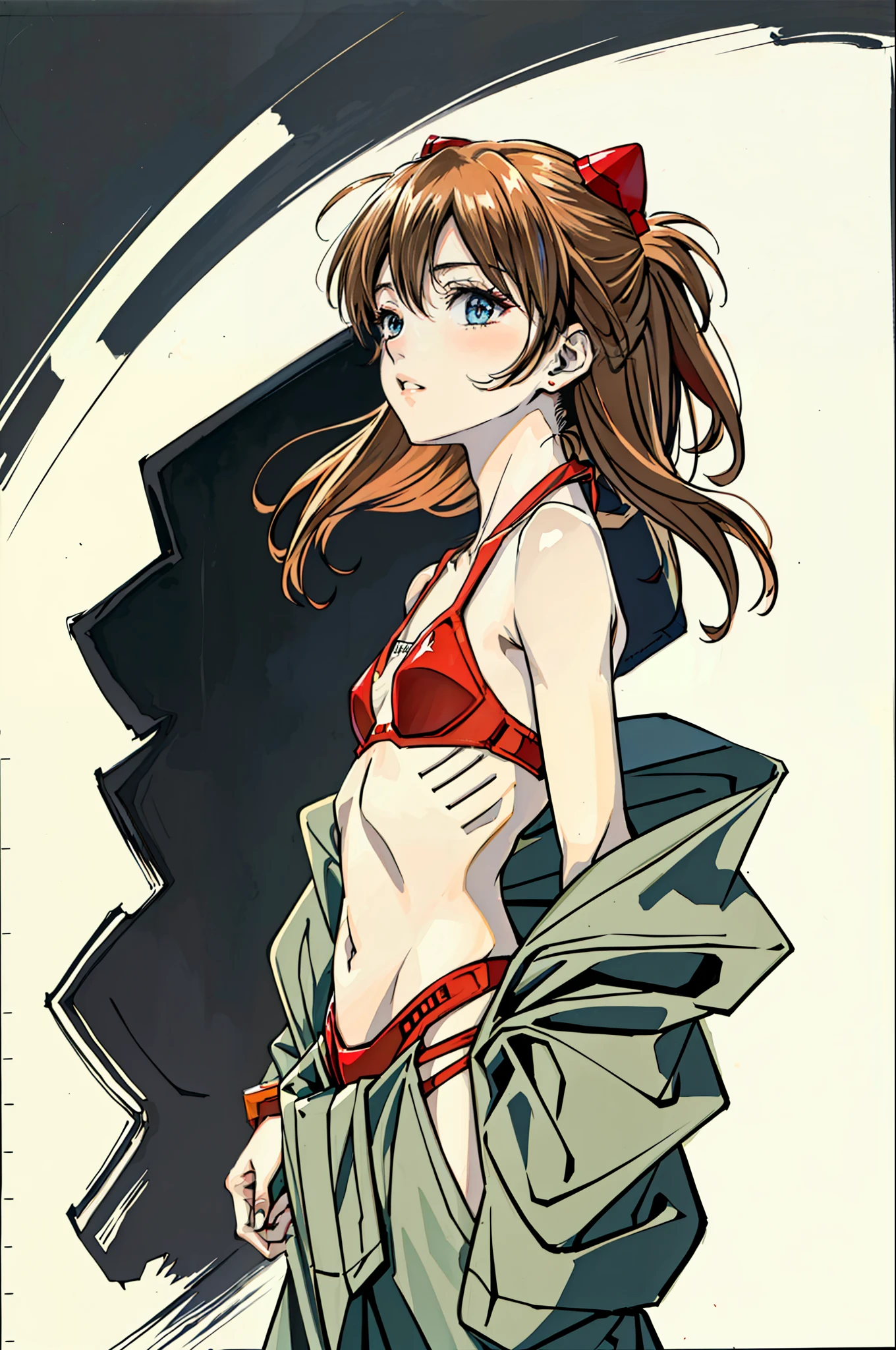 foto retrato de ((Asuka Langley, 24 years)), ((Asuka Langley en cuerpo entero)), (((beautiful asuka langley anorexic))), ((muy flaca en bikini)), (((huesos y costillas visibles))), ((small flat breasts)), ((very small waist)), piernas delgadas, ((rostro hermoso)), ((vista de perfil cuerpo entero)), (((concave abdomen))), ((Asuka  Langley muy muy flaca)), ((fondo blanco)). ((cabello al viento)). (((Mejor calidad)))