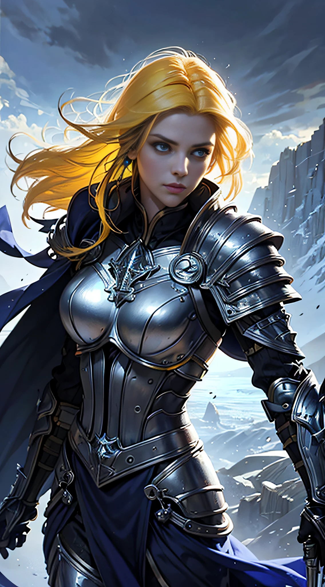 official art, unity 8k wallpaper, ultra detailed, masterpiece, best quality, 1 woman, (extremely detailed), dynamic angle, Mysterious expression, wind effect, fantasy background, rim lighting, side lighting, cinematic light, ultra high res, 8k uhd, film grain,best shadow, delicate, RAW, light particles, detailed skin texture, detailed armor texture, detailed face, intricate details, ultra detailed, bright, strong, (silver armor), holding spear, pauldrons, ((yellow hair)), glowing blue eyes, bangs, blue cape, fantasy, (realistic), atmospheric,