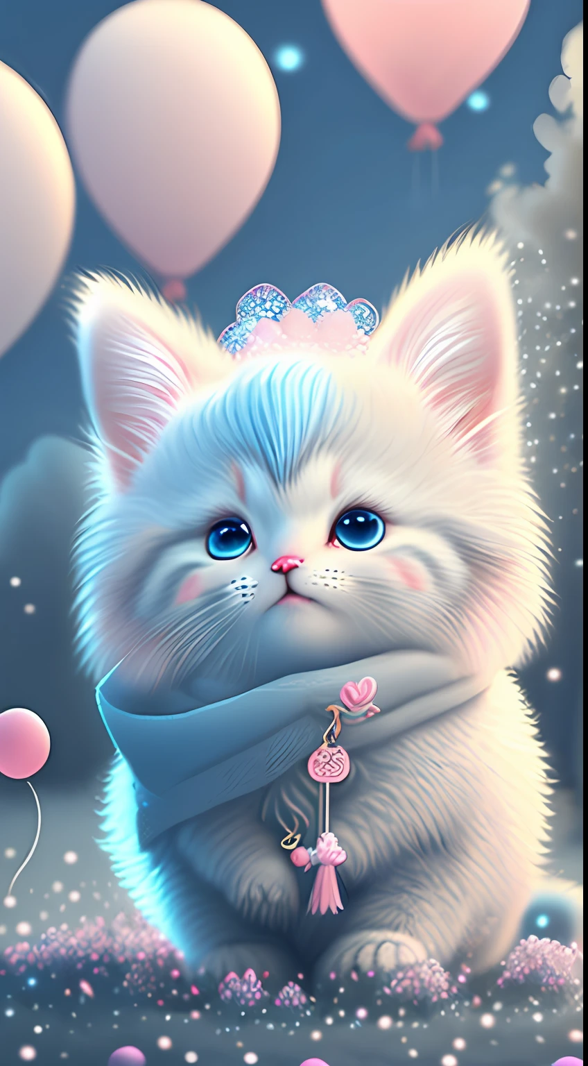 In this ultra-detailed CG art,Cute kittens surrounded by ethereal balloons,laughingly,blingbling,red colour,Best quality at best,A high resolution,Complicated details,fanciful,cute animal,Funny,Open-mouthed!!!,laughingly!!