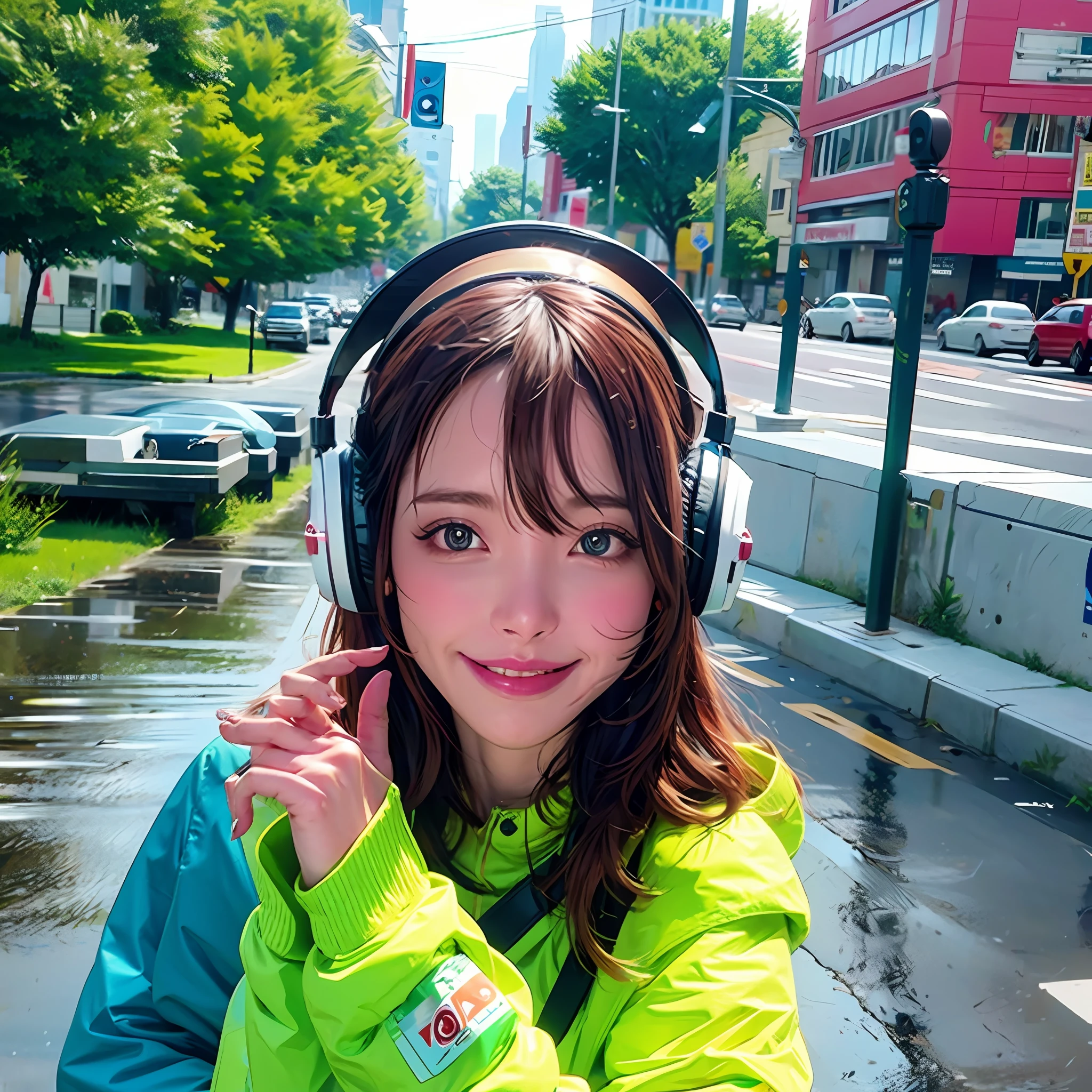 A girl with headphones,On the road on a rainy day
