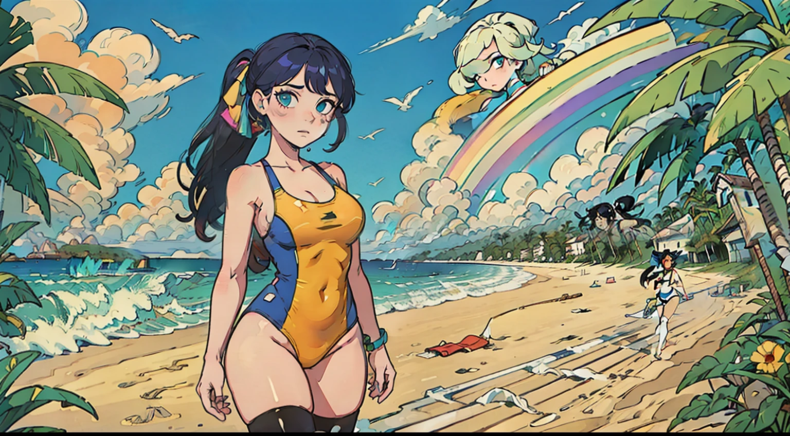 (masterpiece), best quality, expressive eyes, perfect face, One-piece swimsuit, Looking at viewer, Pull, Rainbow Ponytail hair, Vibrant, A Tall Woman, Beach, Thigh Highs