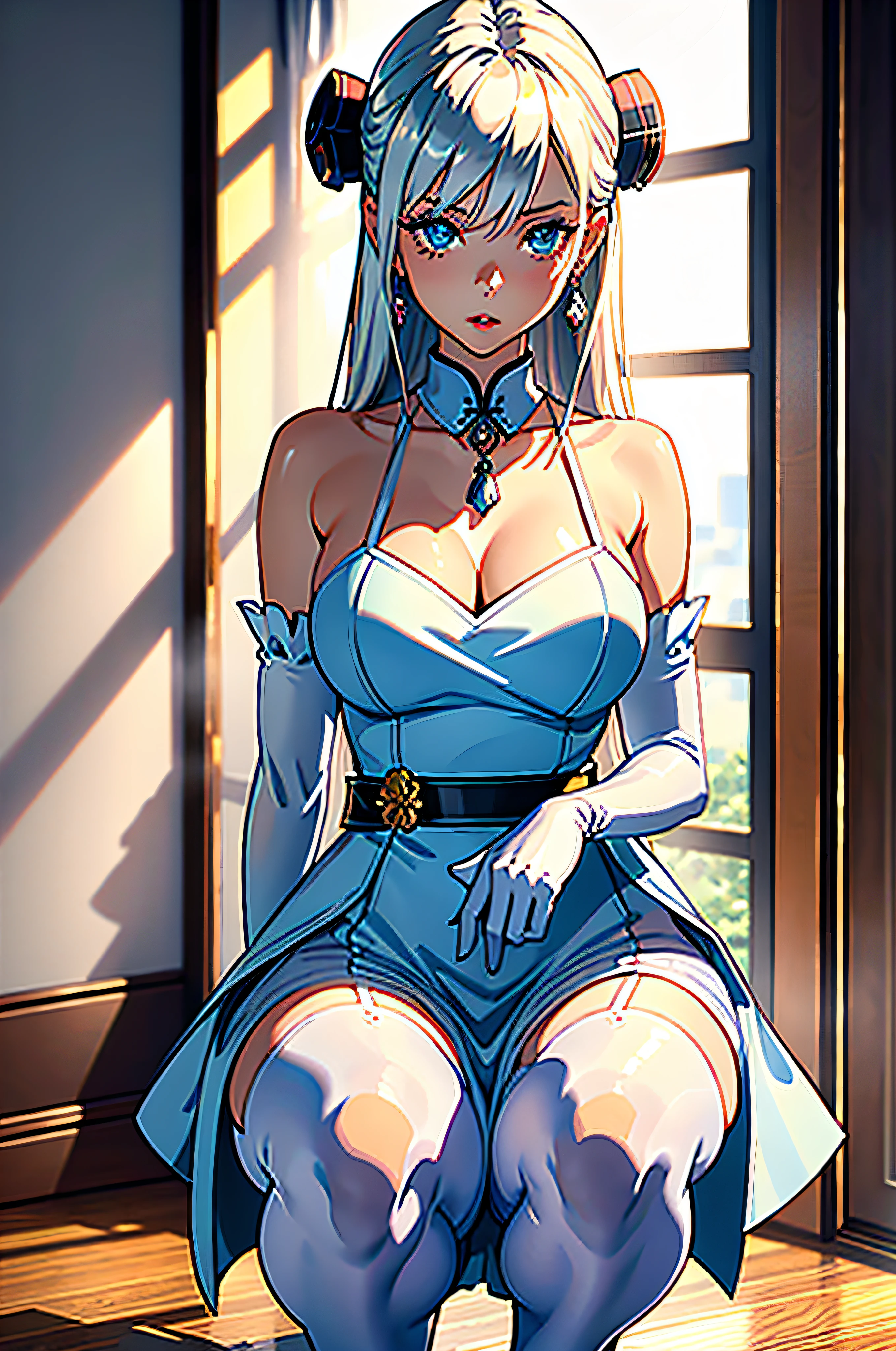 1girl, (solo:1.2), (cowboy shot:1.2), (Beautiful and detailed eyes description), (Beautiful and detailed face), Perfect female body, neat figure, slender waist, (young girl), (20 years old), long hair, platinum blonde hair, very big eyes, blue eyes, medium breasts, blush, shy, watery lips, geisha, (transparent geisha dress), unbuttoned, (white gloves:1.2), (white pantyhose), high heels, necklace, earrings, indoors, Japanese bedroom, sunlight, squatting, (best quality), (ultra detailed), (masterpiece), (highres), (original), (extremely detailed CG unity 8K wallpaper), character design, game cg, detailed manga illustration,