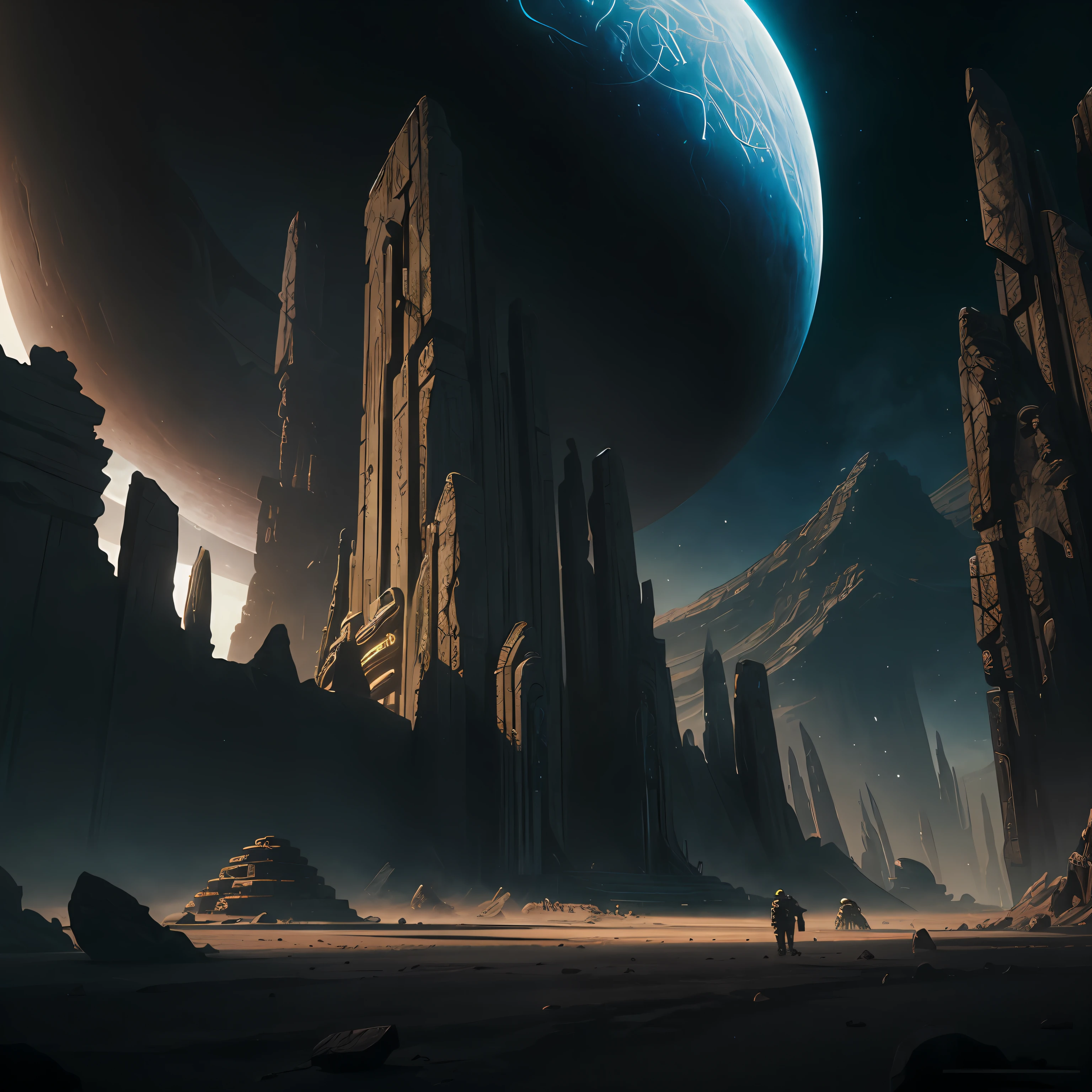 tmasterpiece,Best quality at best,(非常详细的 CG 统一 8k 壁纸),(Best quality at best),(The best illustrations),(The best shadow),Futuristic dark landscape,Moons of Saturn,Futuristic temple design,Pilgrim,cyborg people,Extraterrestrial biodiversity,Epic matte painting,concept-art,Ashley wood style --s (particle effect)and other 3D, Octane rendering,Ray traching,Super meticulous --auto