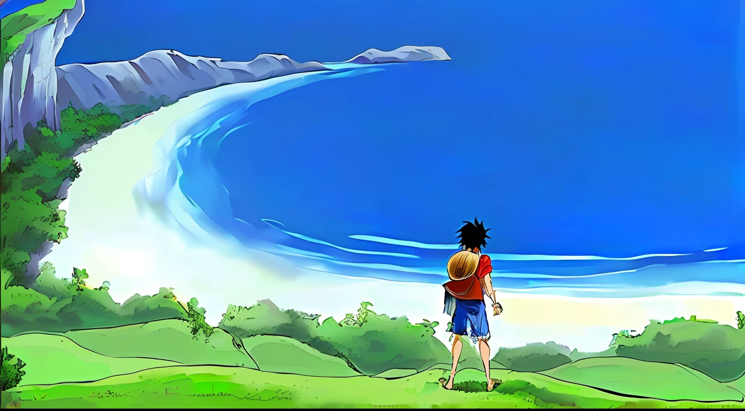 arafed view of a young boy standing on a hill overlooking a beach, luffy (one piece, luffy, monkey d. luffy, monkey d luffy, luffy from one piece, from one piece, anime masterpiece, inspired by Eiichiro Oda, one piece, eiichiro oda style, in a anime masterpiece, looking at the ocean, portrait of luffy from one piece