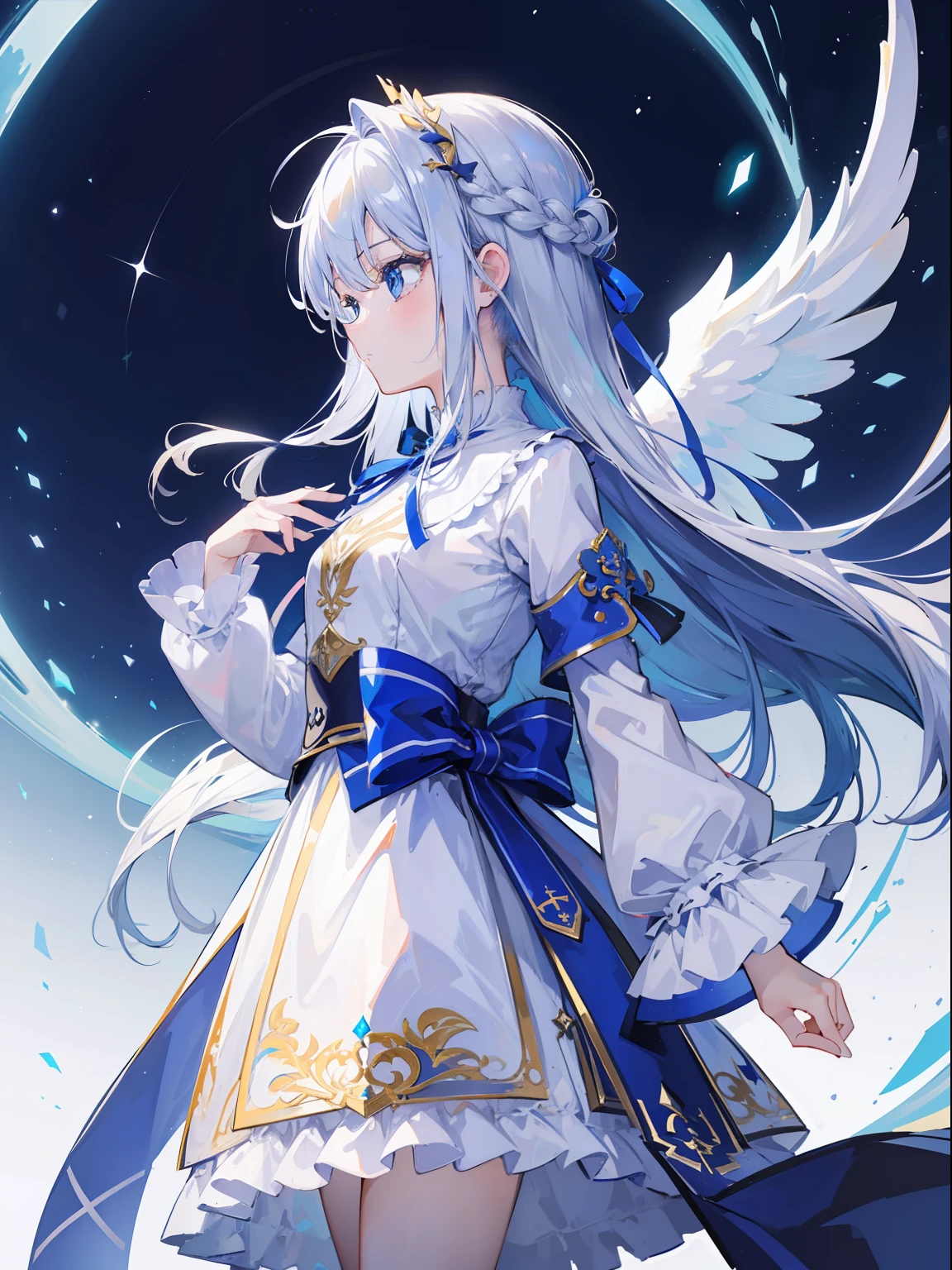 One girl、profile、​masterpiece、top-quality、Top image quality、cute little、silber hair、blue eyess、Long、Angel Uniform、Ribbon background、beatiful backgrounds、deadpan