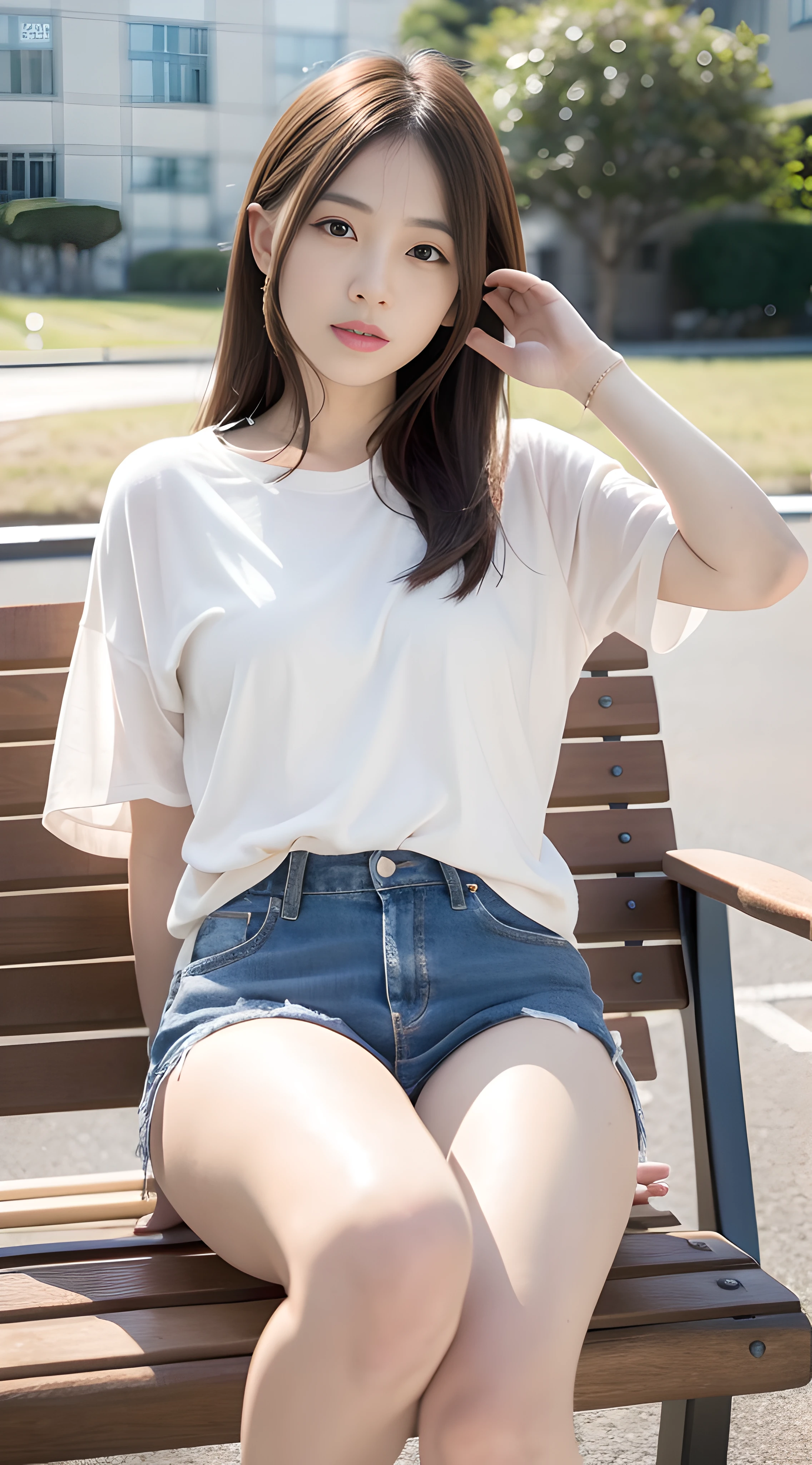 mix4, 20 days, Solo, Long_Hair, Nanase Nishino,plumw, Haruka Kaki, park, bench, Seated, (8K, RAW photography, Best quality, Masterpiece:1.2), (Realistic, Photorealistic: 1.37), Professional lighting, photon maping, Radio City, physically-based renderingt