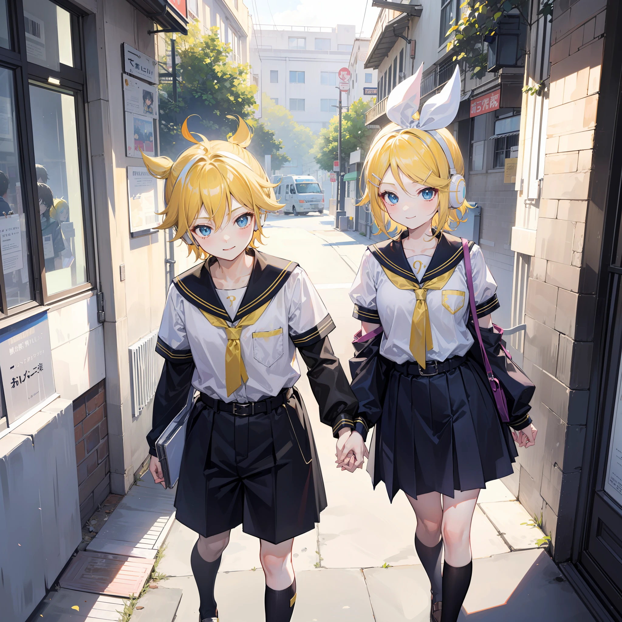 best quality, ultra precision, only two person, one boy and one girl, (a boy is Kagamine_Len), (a girl is Kagamine_Rin), blue eyes, cute, short hair, head phone, blond hair, sailor uniform, black short pants, belt, yellow necktie, smile, elementary school student, older sister and younger brother, twins, love each other, children, (boy is as tall as girl), kids, characters focus, couple, love each other, stroll, look at each other, platonic love, cool boy, cute girl, hold hands