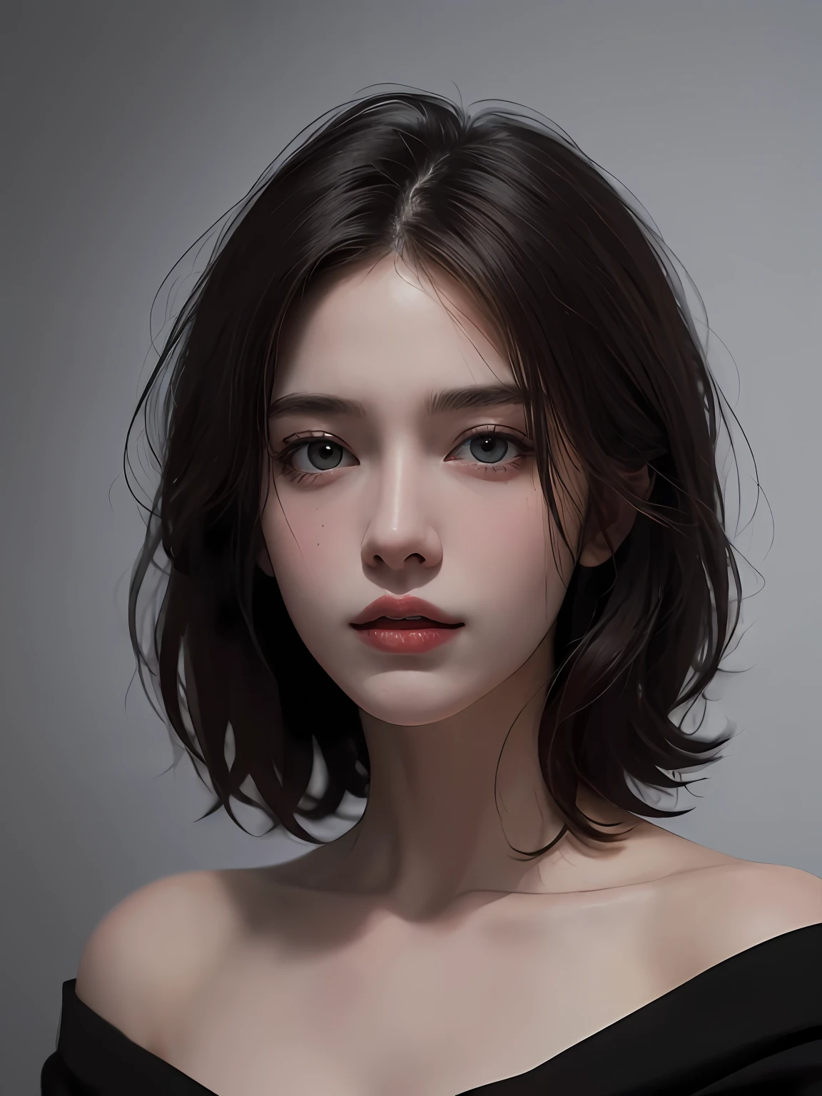 Best quality, masterpiece, ultra high res, (photorealistic:1.5), raw photo, 1girl, offshoulder, in the dark, deep shadow, low key, cold light, sexy look, short hair