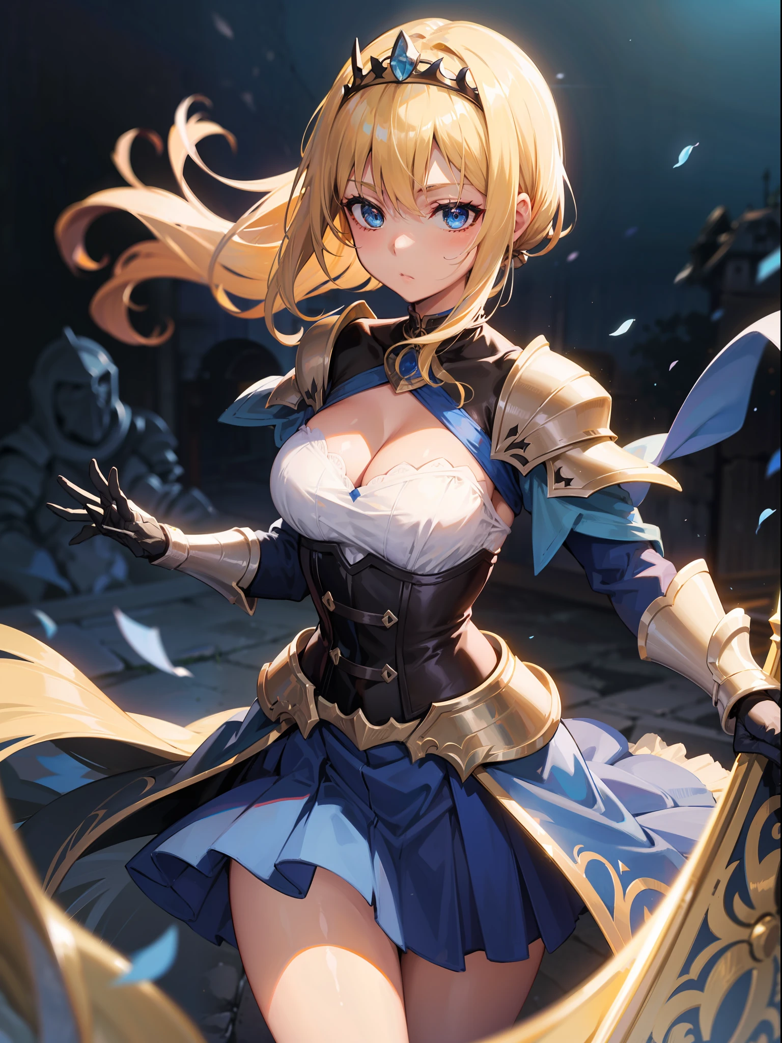 1、cowboy shot、((a blond))、poneyTail、Tiara on the head、bravery、Female knight、Light equipment、Brown corset、Silver Gauntlet、Blue Inner、Dark blue skirt