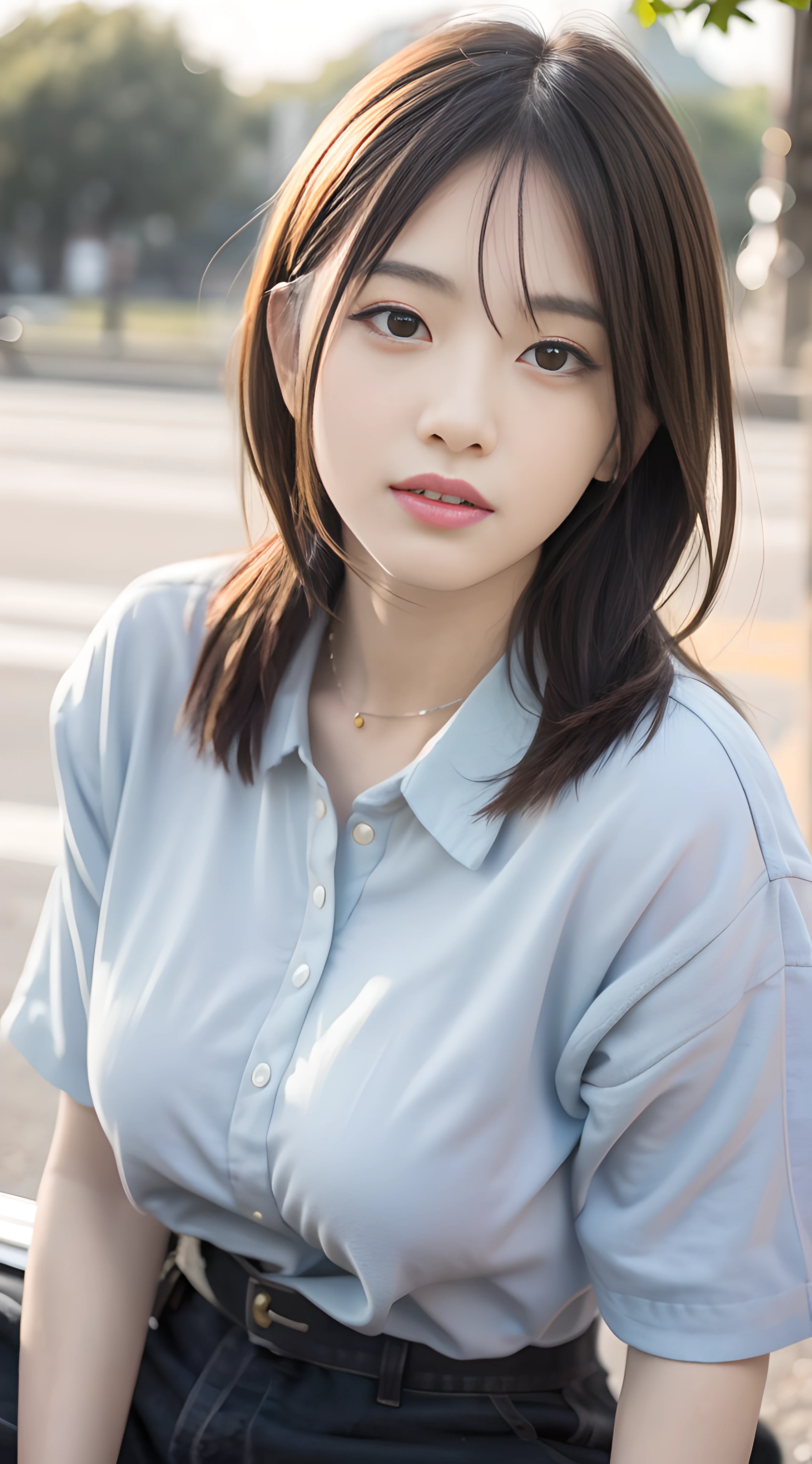 mix4, 20 days, Solo, Long_Hair, Nanase Nishino,plumw, Haruka Kaki, park, bench, Seated, (8K, RAW photography, Best quality, Masterpiece:1.2), (Realistic, Photorealistic: 1.37), Professional lighting, photon maping, Radio City, physically-based renderingt