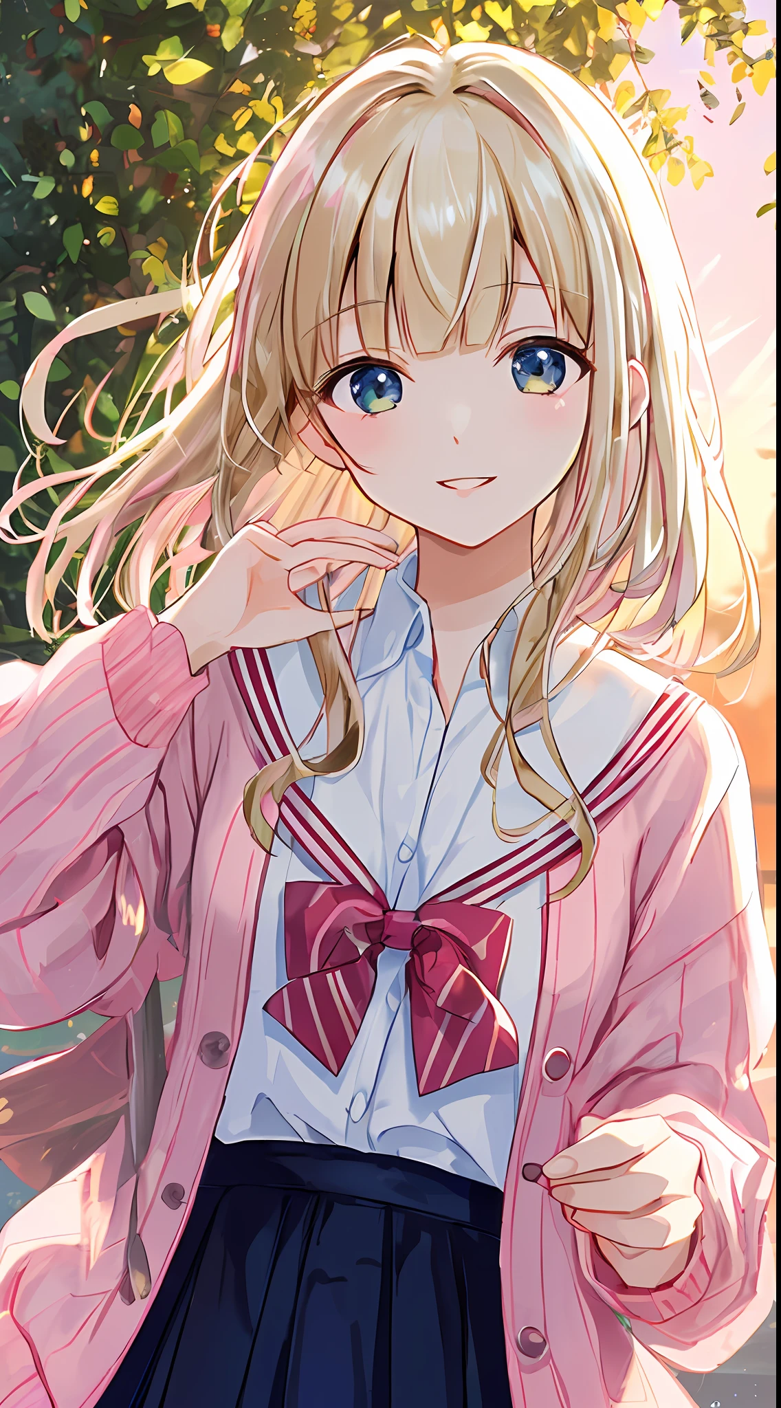 masutepiece,Detailed,high quarity,(Solo,1 girl),Upper body,Smile with joy:0.6,(Pink stripes (Blonde:1.2):1.3),Striped bangs,sunny morning,Morning light,sunlights,
High school students,White shirt、Pink cardigan、,good morning,Talking,Morning greetings,Parted lips,
(White balance correctly),
