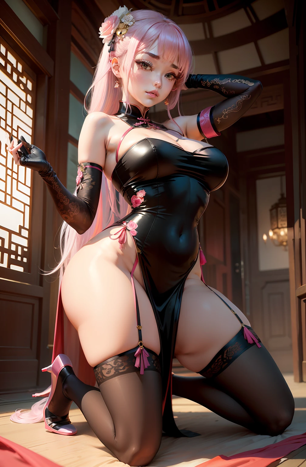 Large breasts, Blue hair, upper legs, white thighhighs, Pink clothes, Long legs, No bra, High heel, Pink eyes, Heart eyes, heart shaped breasts, Bare_hindquarters, bangs, areola of breast, Elbow gloves, Chinese dress, Fat ass, hair tying, wears_navel, Looking_at_peeping at the viewer, Arms_Behind_Head, Blush, Sleeveless_dress, Long hair, cosplay,Fantastic，The back of the hand is behind the back，Hands up behind your head，Broad lighting，Glossy Clothes,Chinese-style architecture，China-style，gazebo，Lace，Quaint，Tight cheongsam，Flowing cheongsam，Chinese style cheongsam，on cheongsam，Gold ornaments，(Elbow gloves:1.0),Silk gloves， Chinese dress, Fat ass, hair tying, wears_navel, Looking_at_peeping at the viewer, Arms_Behind_Head, Blush, Latex cheongsam, Long hair, cosplay,Fantastic，The back of the hand is behind the back，Hands up behind your head，Broad lighting，Glossy Clothes,Chinese-style architecture，(Tight cheongsam:1.0)，Chinese style cheongsam，on cheongsam，Gold ornaments，Over the sleeves,(on cheongsam:1.0),(Put your hands behind your head:1.0),Facing the viewer,autumnal,Beds,high-heels,(stocklings:1.3),Lace wreath on the legs,bangle,eardrop,choker necklace,jewelery,Ribbons,lace-trim,Heavy makeup,long whitr hair,High ponytail,hair straight,Princess cut,Be red in the face,Seductive smiles，Qi bangs，(Black gloves:1.0)，White stockings，perfect bodies，Green hair，fox ear，Qi bangs，Curvaceous，multicolored hair，between breasts,Arms up,(Open legs:1.0),curvy hip,spread_Legs,Kneeling，Pink cheongsam decoration，Pink clothes， shame，