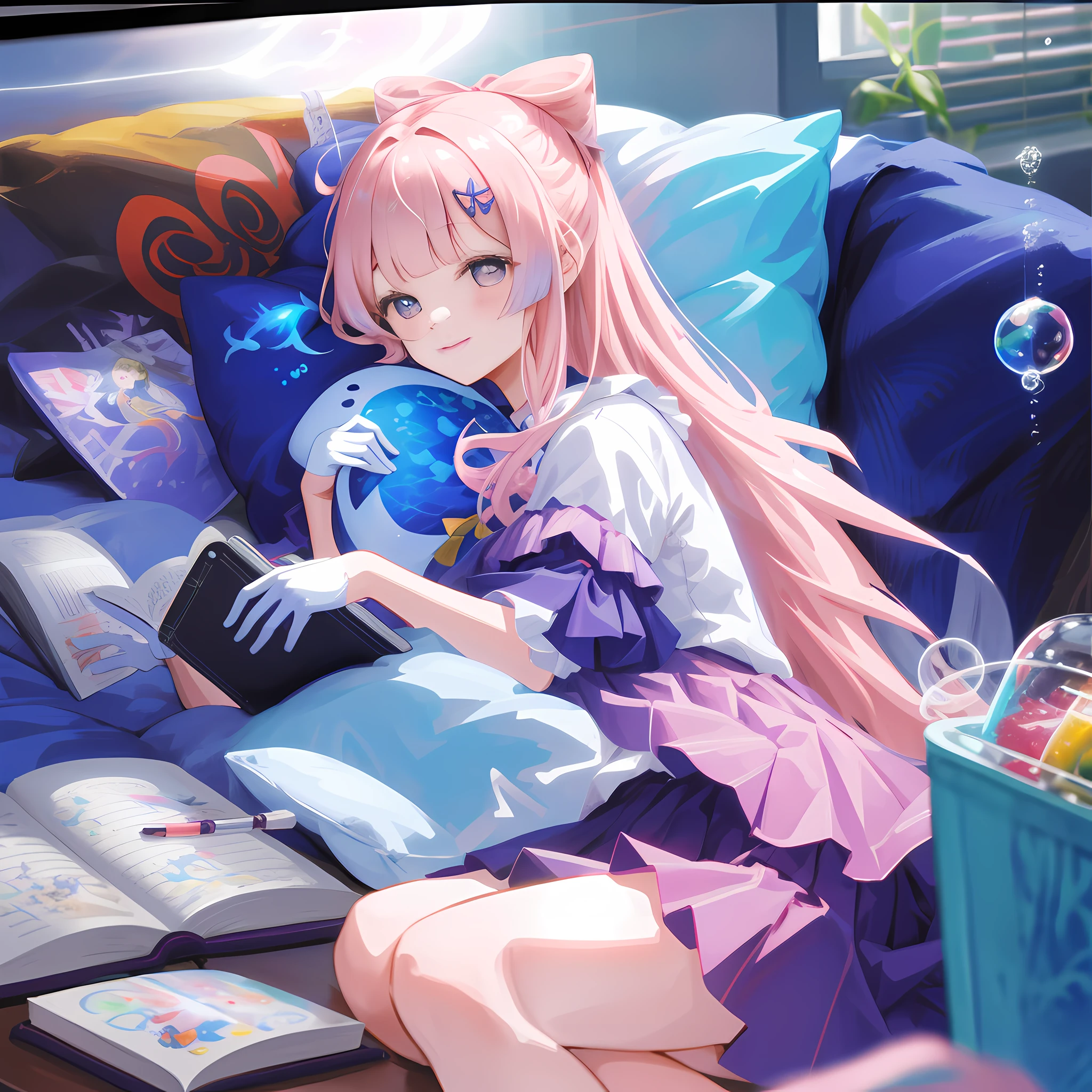 masterpiece,best quality,artbook,colorful,comic,strong rim light,one_girl, adorable girll,angel_face,bishoujo,lying,pillow_hug,lap pillow,half-closed eyes,light smile,long hair,pink hair, half white gloves,bowtie,underwater,fish,bubble,coral,notebook, reel \(riru\),