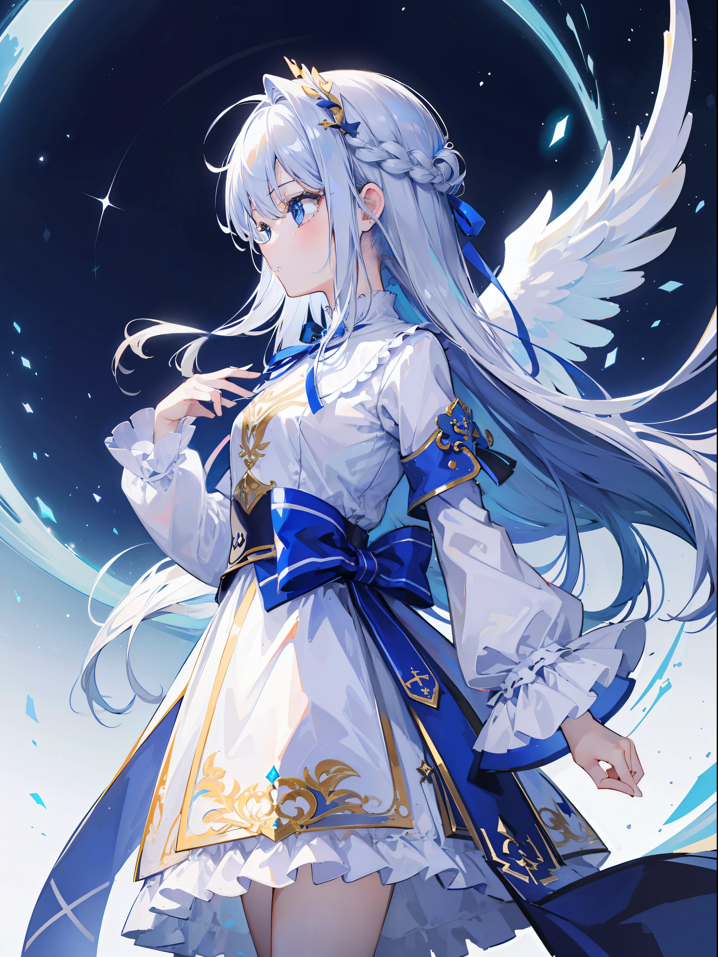 One girl、profile、​masterpiece、top-quality、Top image quality、cute little、silber hair、blue eyess、Long、Angel Uniform、Ribbon background、beatiful backgrounds、deadpan