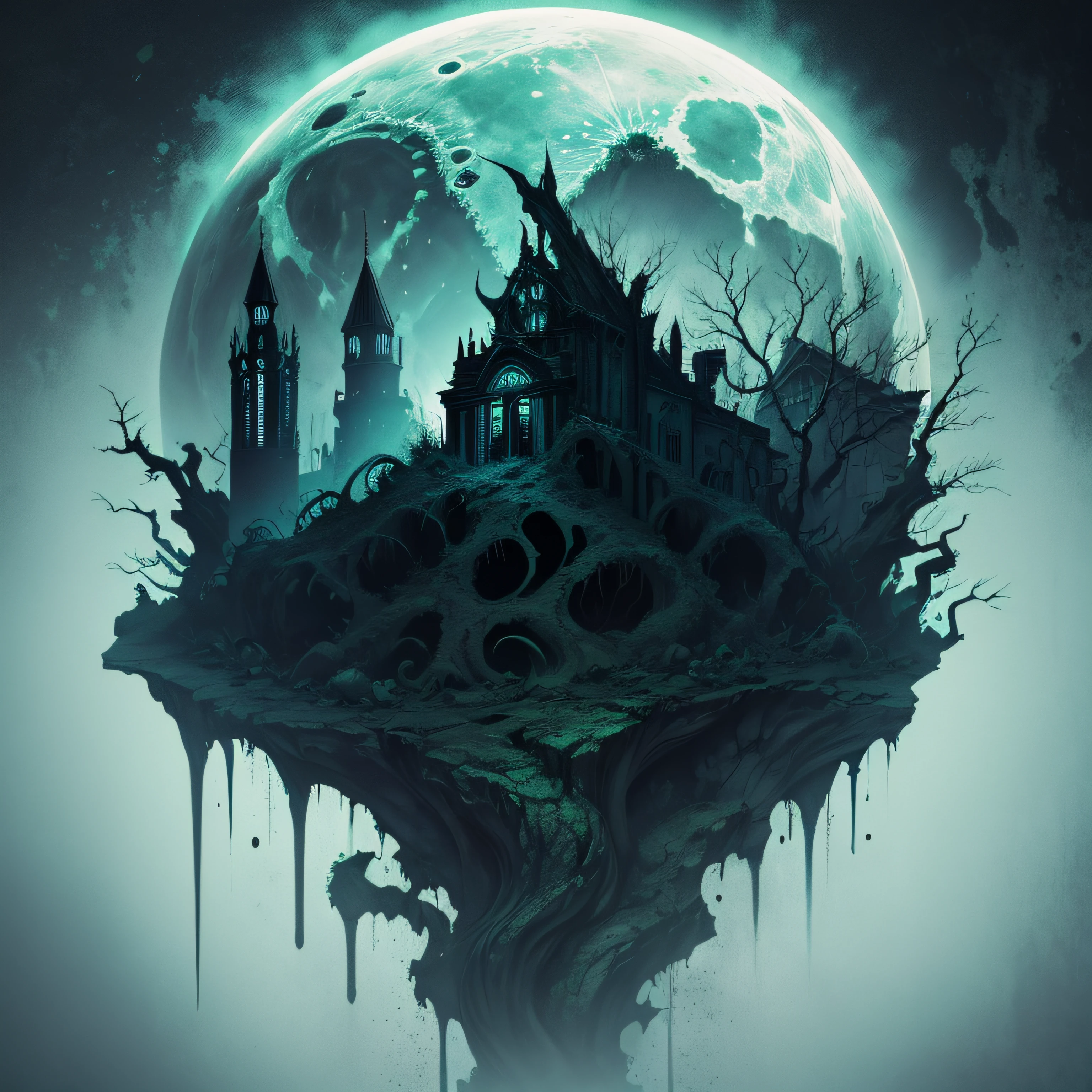Cthulhu，The background color is green，dyna，thriller，terroral，Dead bodies，Terror Cthulhu，Rocks Horror，Lovecraft，horrid，Scary，flesh and blood，twisted+blue colors+flesh and blood，Living，disarray，Horror hell，hell，The moon is in the sky --auto