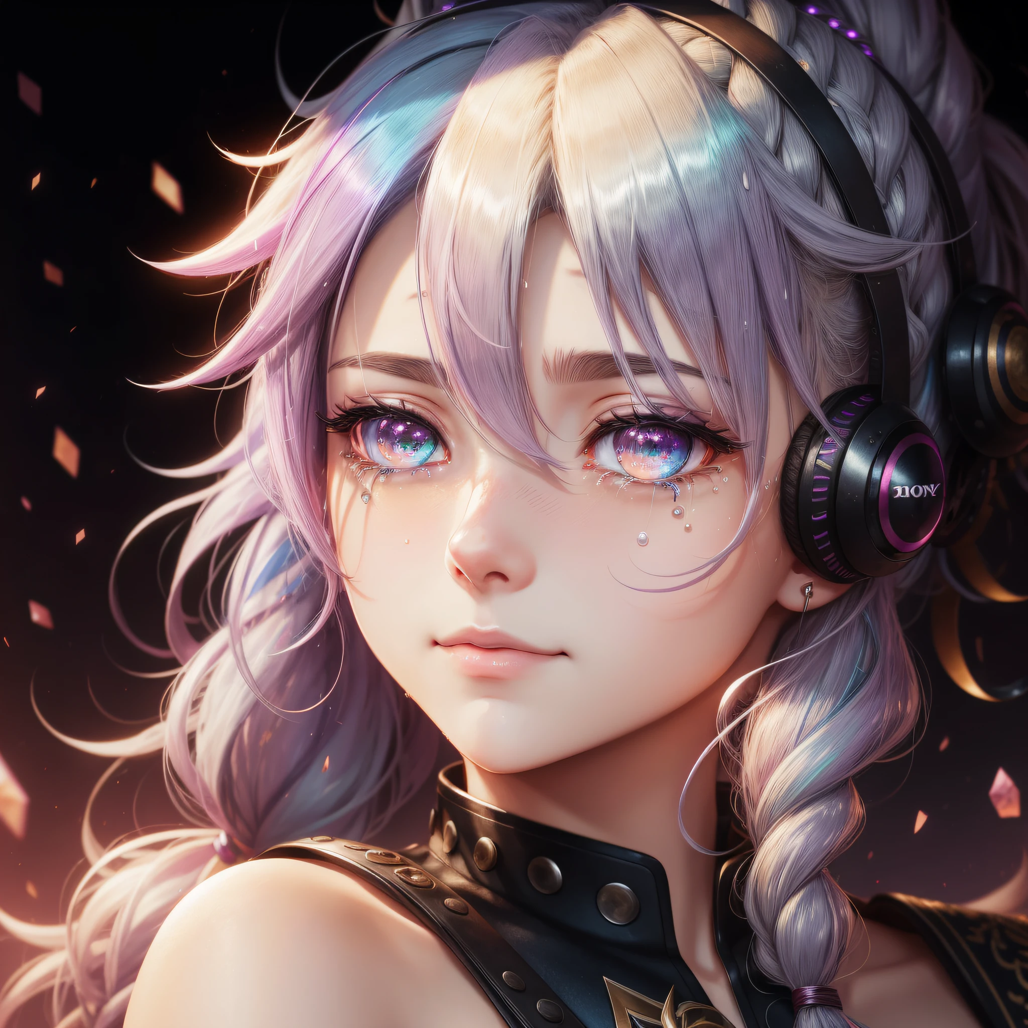 colored inner hair, ahoge, bangs, asymmetrical hair, curly hair, hair behind ear, hair over shoulder, messy hair, side braid, wavy hair, hair pulled back, expressive hair, shiny hair, wet hair, mizura, widow's peak, horns, forehead mark, hair bell, headphones, dragon horns, star hair ornament, flower on head, mole under eye, mismatched pupils, tears, aqua eyes, crying with eyes open, glowing eyes, sparkling eyes, slit pupils, heterochromia, shy, blush, parted lips, ear blush, seductive smile, full blush, torogao, crystal hair, ponytail, drill hair, blonde hair, character chart, reference sheet, move chart, bust chart, close-up, Eye-Level Shot, 35mm, f/4.0, Canon, Sony FE GM, high detail, anime, modern, Romanticism, Verism, chiaroscuro, cinematic lighting, chromatic aberration, sparkle, drop shadow, halftone, stereogram, optical illusion, anaglyph, vignetting, UHD, retina, masterpiece, ccurate, anatomically correct, textured skin, super detail, high details, high quality, award winning, best quality, highres, 1080P --auto