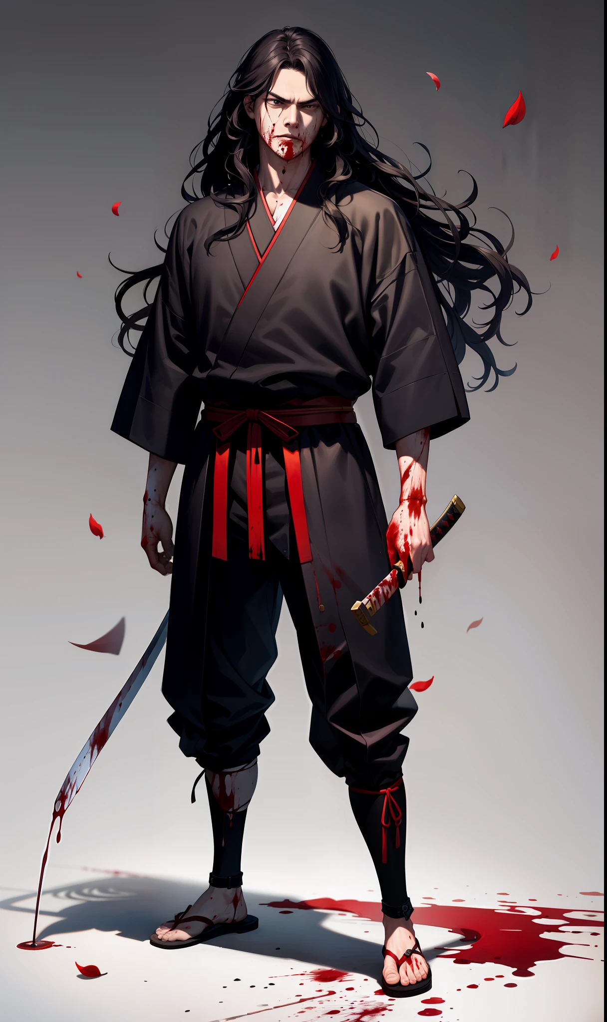 masterpiece, high quality, best quality, beautiful, hd, realistic, perfect lighting, detailed face, detailed body, (1 man), black long hair, wavy hair, (red samurai clothes), samurai, standing, wind, (sakura),sakura petals, (brutal), courageous, full body, ((blood)), highly detailed katana in hand, serious face, dark background
