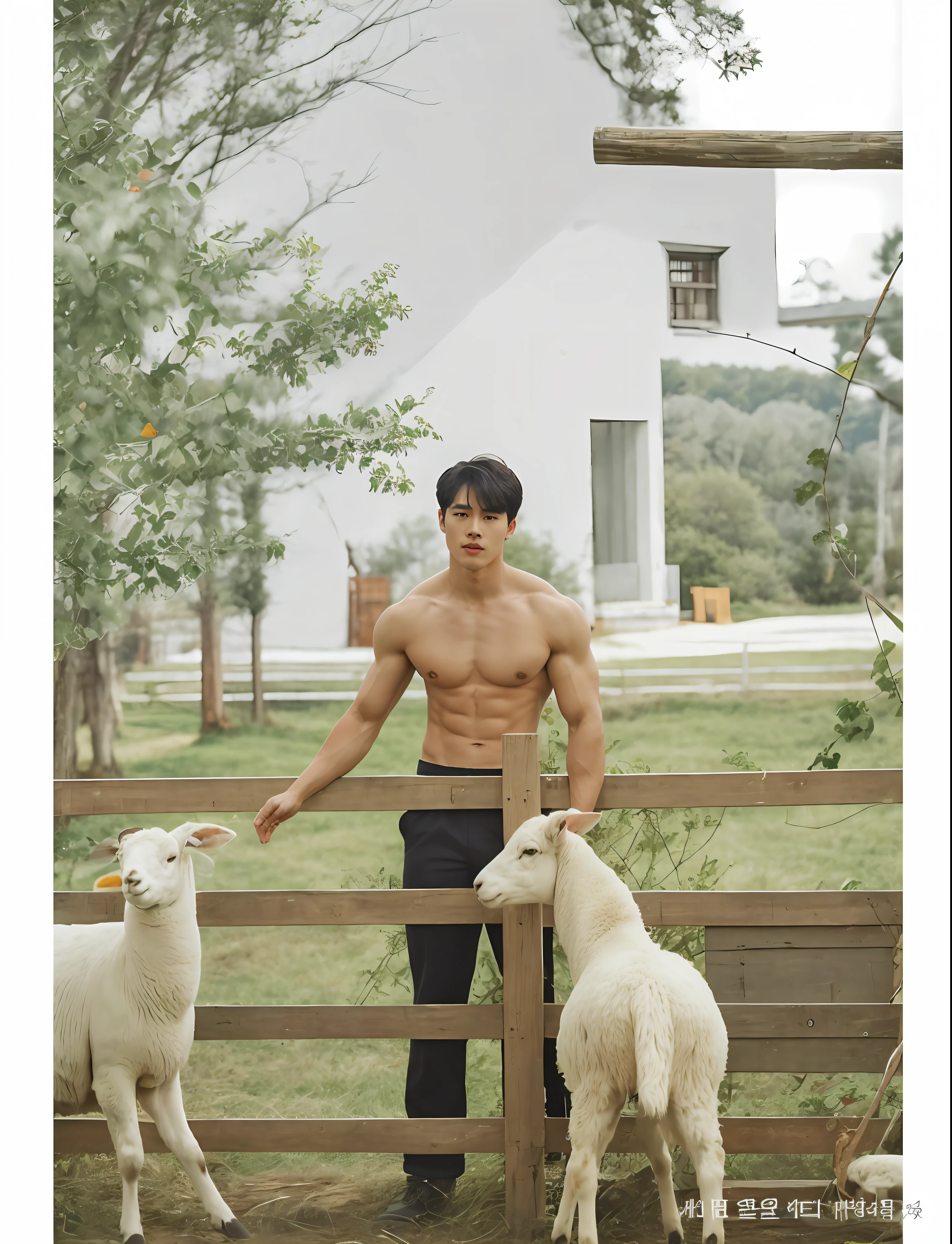 There was a man standing next to two sheep in a fence, Strengthen the body, In the countryside, korean muscle boy 2 1 , Muscular，So handsome, So handsome, so charming and holy, Hot face, top handsome guy，best qualtiy，tmasterpiece，超高分辨率，Starry eyes，The black hair has a dark blue glow