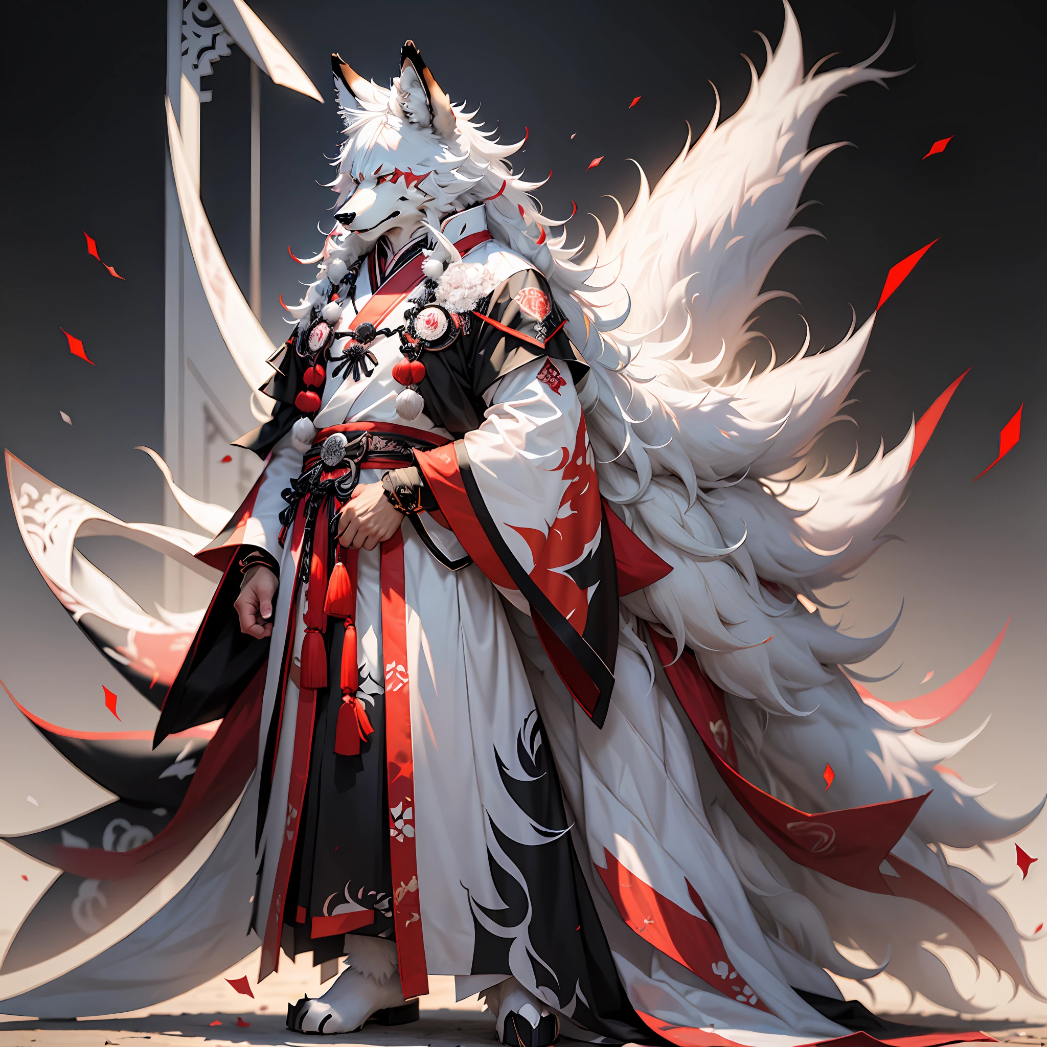Single full-length portrait,Wolf head,Robust anthropomorphic male wolf,Anime comic style,Furry art!!!, furry character portrait, coyote, Furry anime, anthro wolf face,The anthropomorphic male wolf stands on two legs,White hair,Anthropomorphic male wolf,Headband decorated with red gemstones,Black and white hair coloring,White hair covering the whole body,Qin dynasty costumes,Hanfu with red pattern on the black base,A large white tail,Hands covered with white hair and claws,Red headband,Hair is black and white,