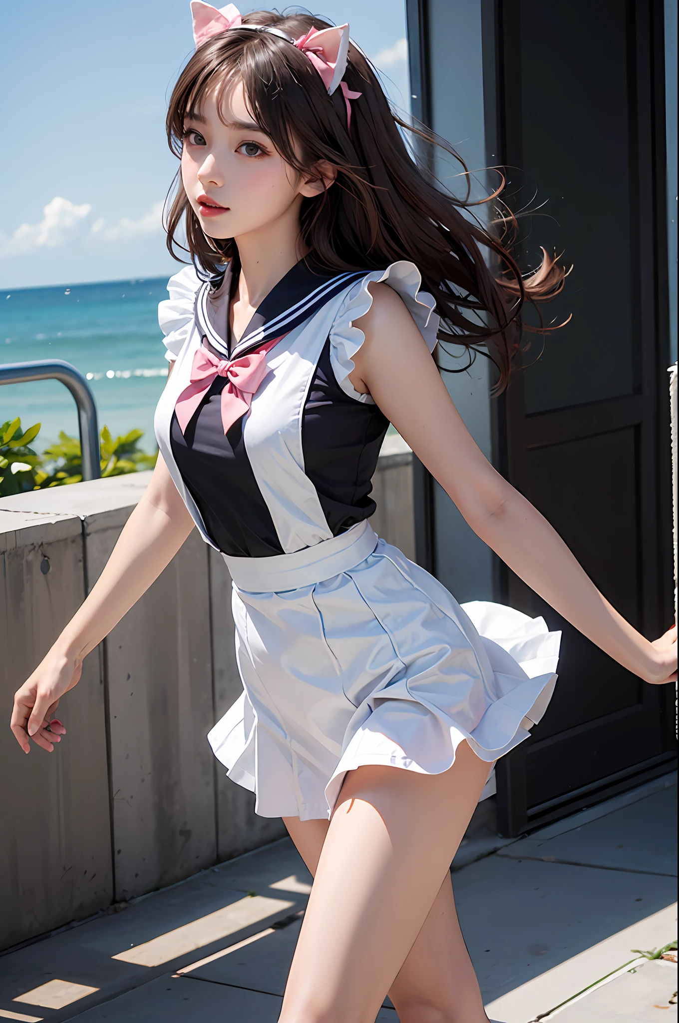 1girll,double tails,brown hair,Qi bangs,curlies,maid,Flying,White sailor suit and short skirt,pink bows,16-year-old female model,Side,