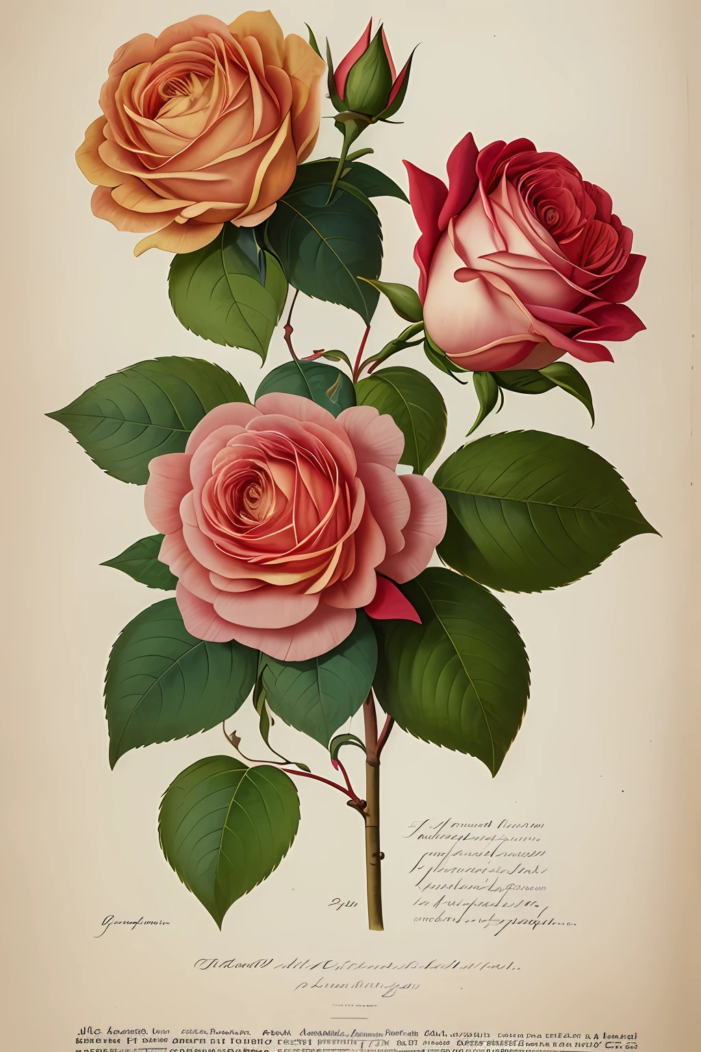 (best quality:1.2), (detailed:1.2), (masterpiece:1.2), vintage botanical illustrations of Larger Provence Rose (1770 1775) in high resolution by John Edwards
